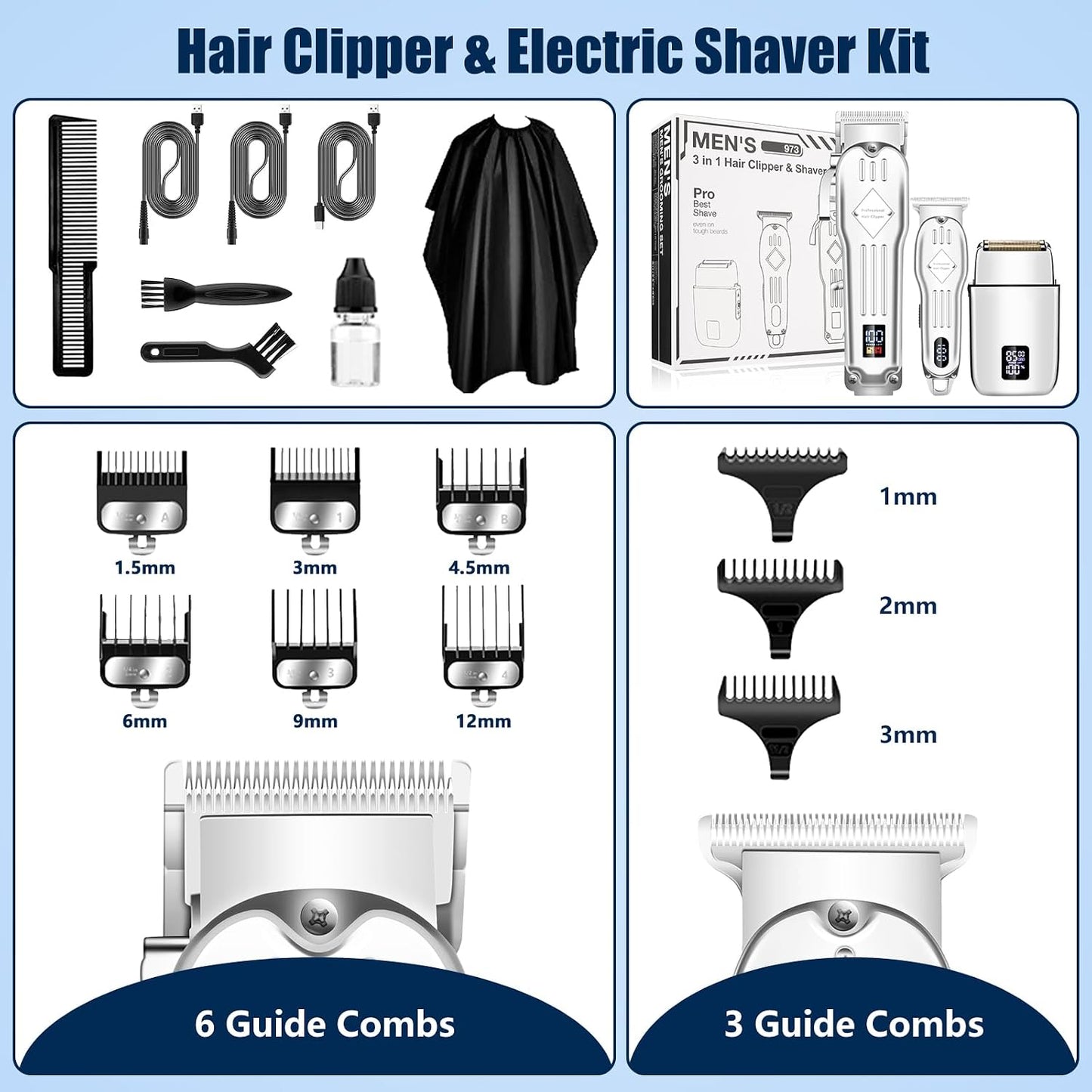Professional Hair Clippers for Men - Cordless Electric Foil Shaver & Beard Trimmer Kit | Rechargeable Fade Clippers Set