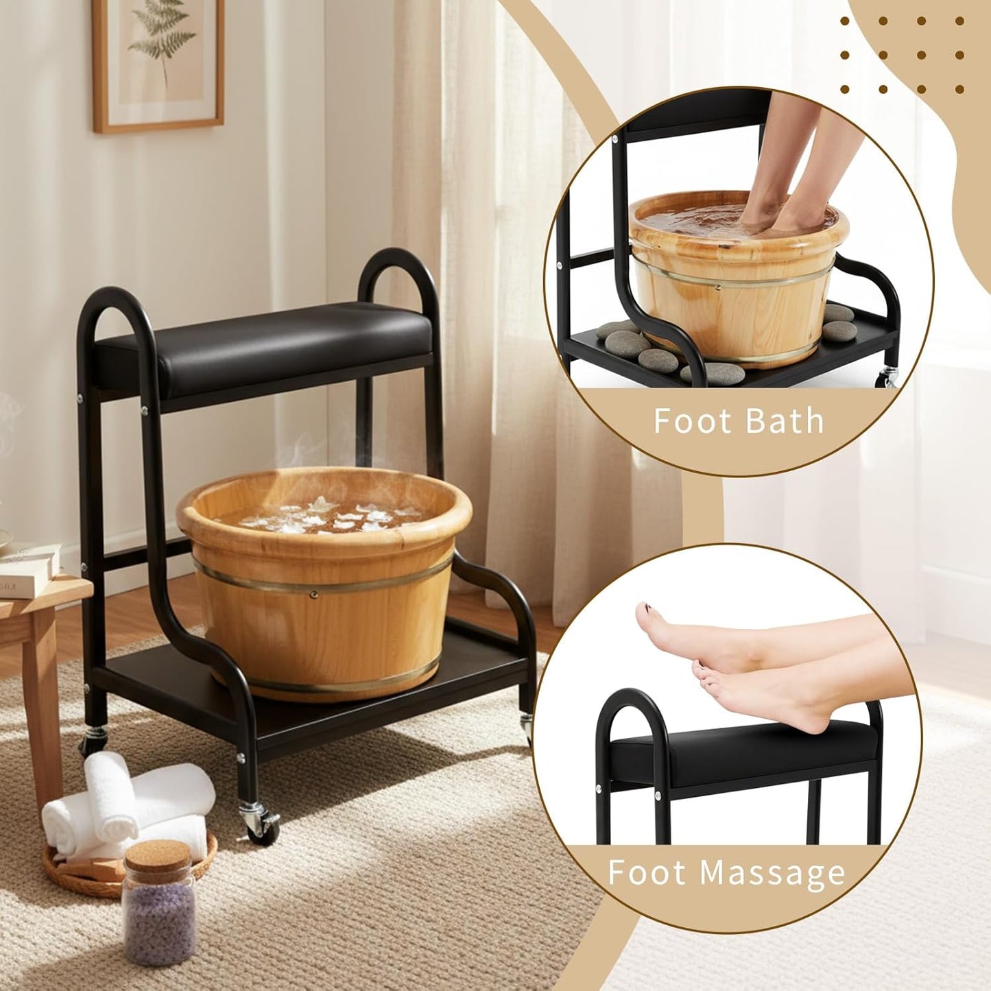Portable Pedicure Cart - Foot Bath Trolley with Cushion | Spa Supplies in Black