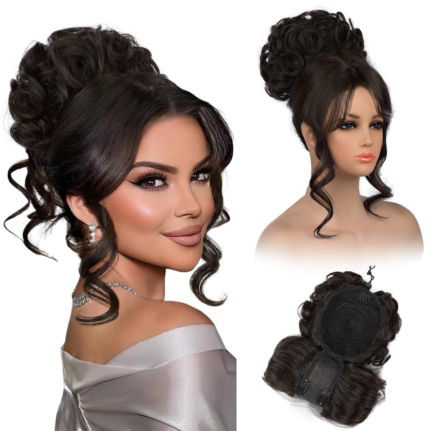 Messy Bun Hair Piece with Bangs - 2-in-1 Curly Updo Wig & Hair Topper | Natural-Looking Drawstring Ponytail Extension in Chocolate Brown