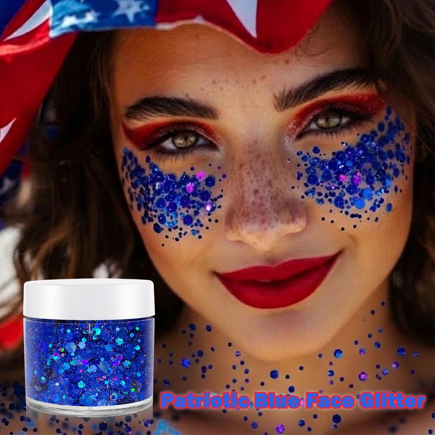 Paminify 4th of July Blue Face Hair Glitter,Holographic Royal Blue Cheer Body Glitter Gel,Patriotic Accessories for Independence Day,Fourth of July Outfits for Women,Rave Festival Makeup
