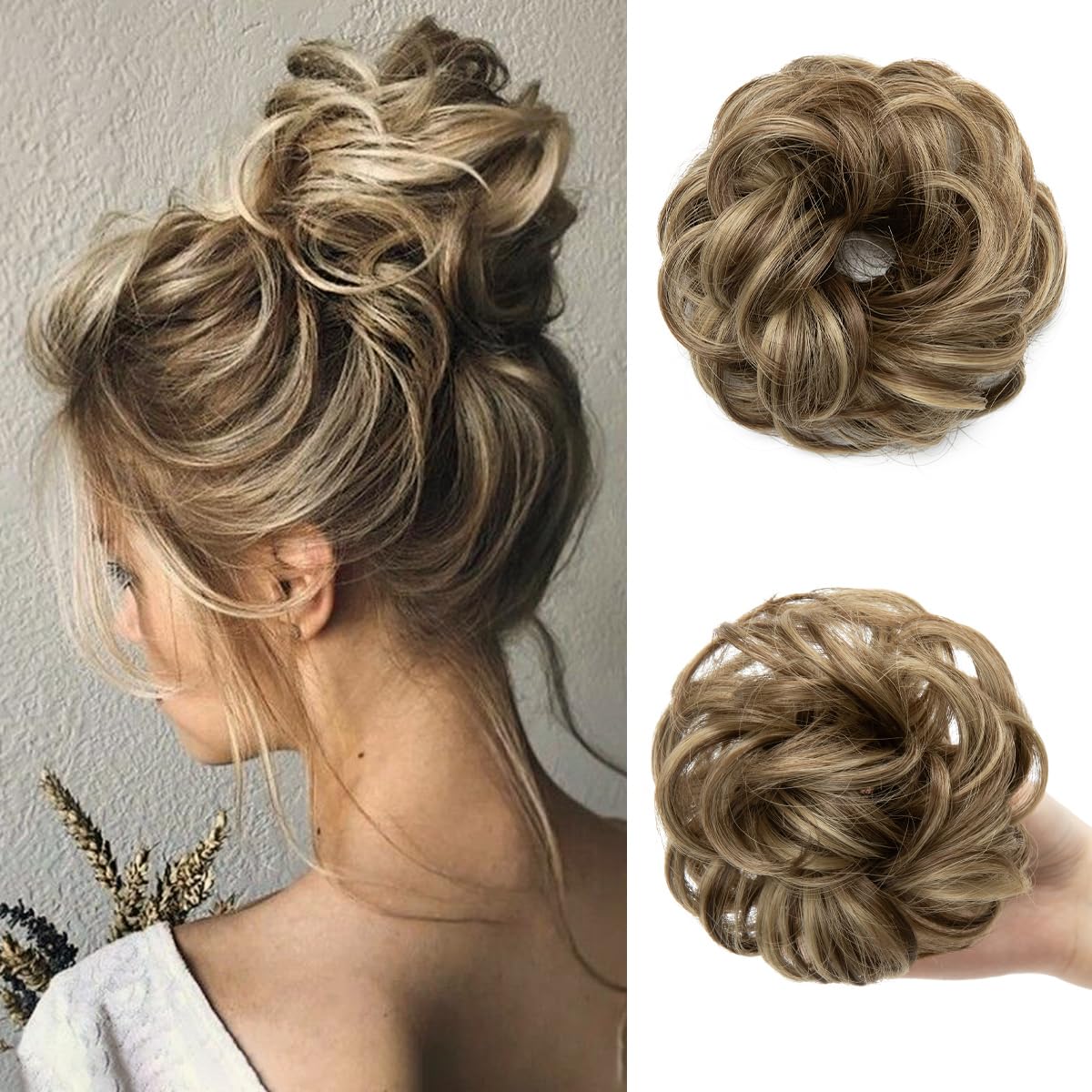 Small Messy Bun Hair Pieces for Women - Synthetic Curly Mini Scrunchies | 2PCs Pepper Brown