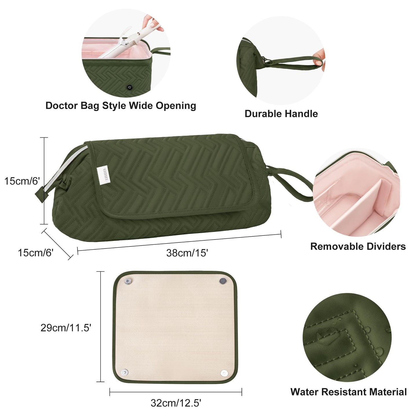 Leudes Hair Tools Travel Bag for Women Heat Resistant Mat for Travel Essentials Hot Tools Straighteners,Flat Irons,Curling Iron,Hot Air Brushes and Hair Dryer Organizer Bags 2 in 1 (Army GreenA)