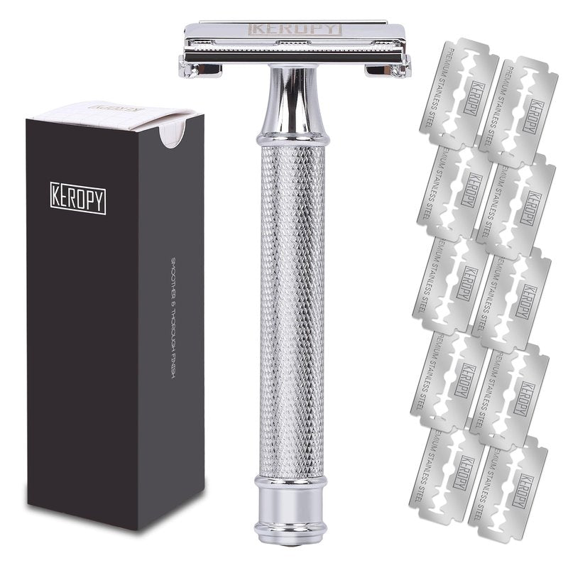 Keropy Safety Razor for Men, Butterfly Open Weighted Heavy Handle Razor,10 Premium Stainless Steel Blades, Vote for classic metal quality, rather than paying for overpriced blades.