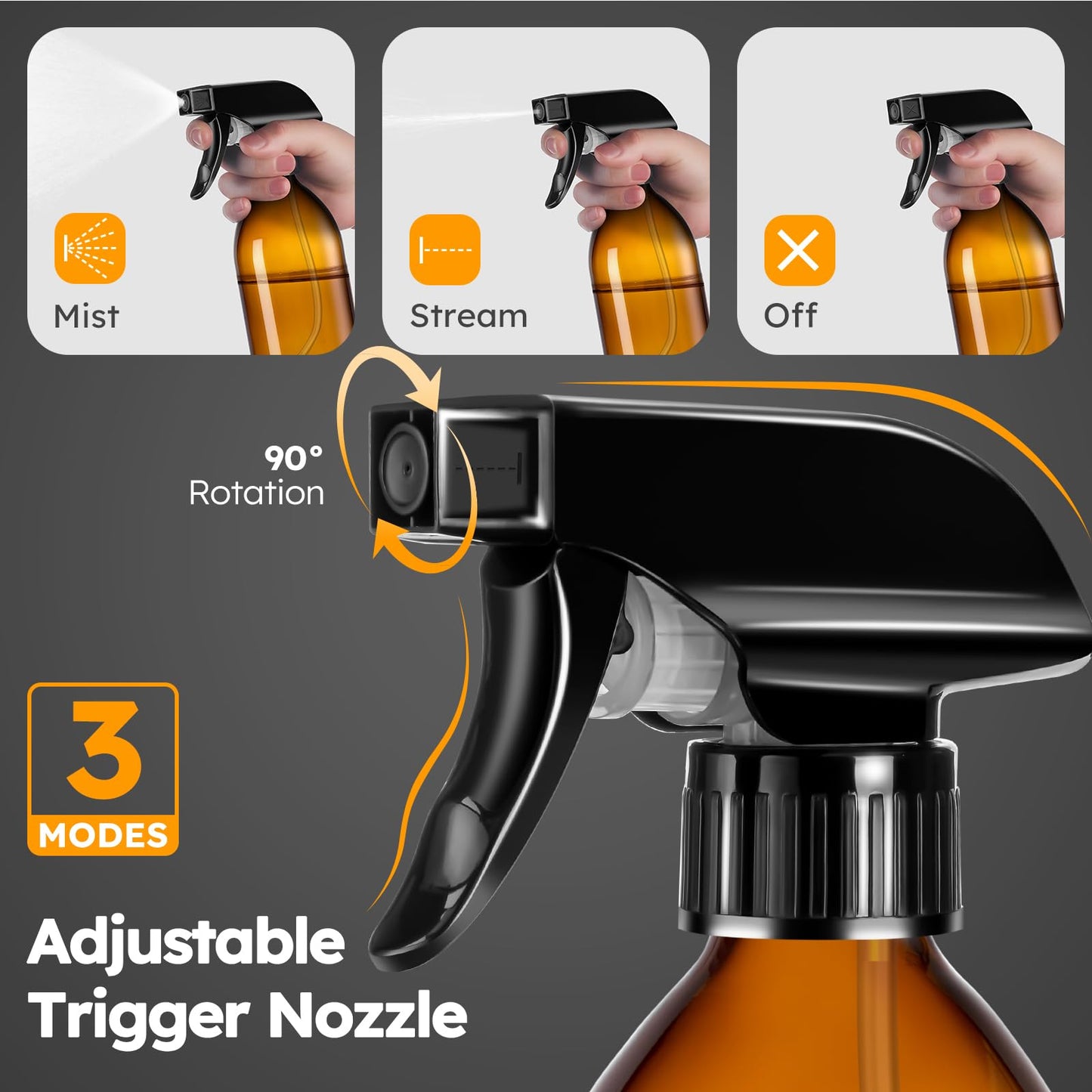 Tecohouse Amber Glass Spray Bottles 8oz, 2 Pack 360° Water Spray Bottle for Cleaning Upside Down Spray Bottles Mister Squirt Bottle with Adjustable Nozzle for Hair, Plant, Pet