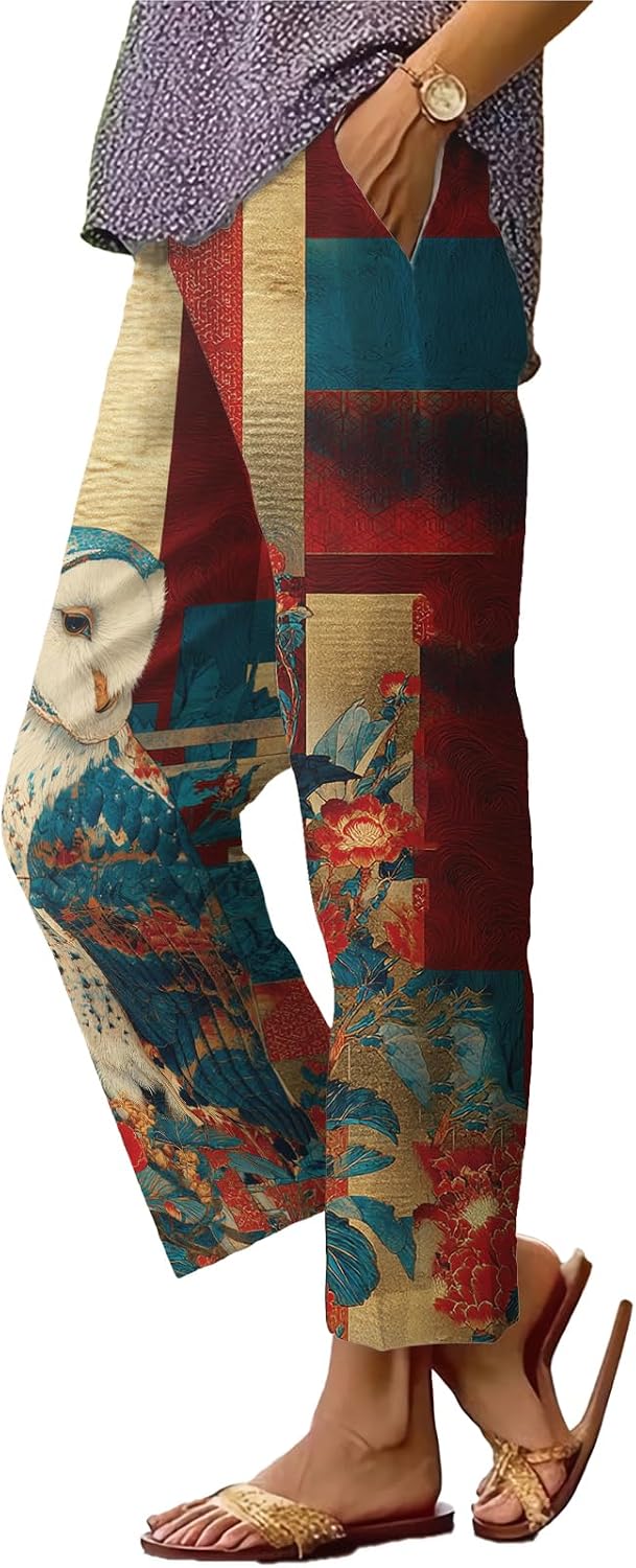 Womens Plus Size Floral Boho Capris - Elastic Waist Beach Trousers | Casual Summer Pants