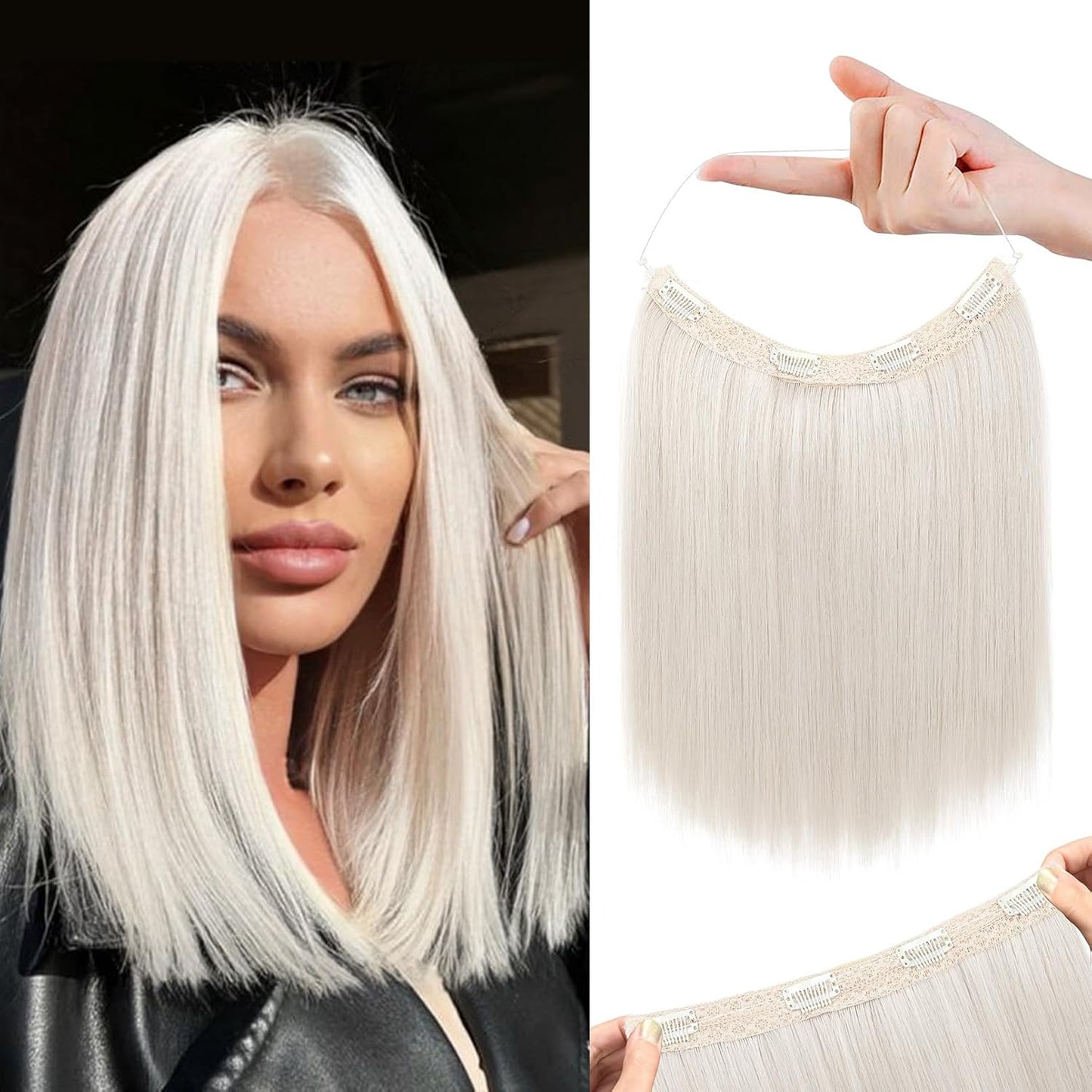 REECHO Invisible Wire Hair Extensions - Thinner Lace Weft, 12-Inch Short Straight Clips | Light Blonde