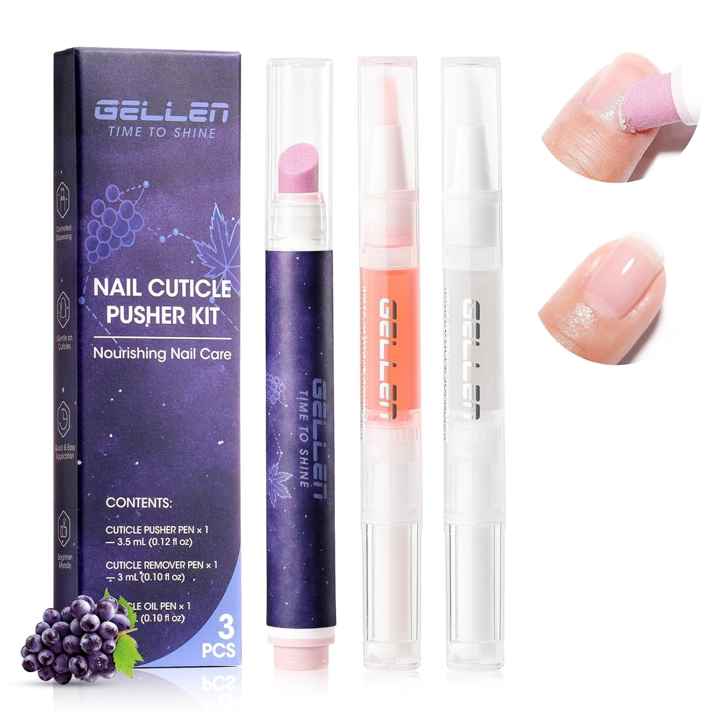 Gellen 2-in-1 Cuticle Oil Pusher Pen Set - Grape Scent Remover & Nourishing Oil for Hangnails | 2 Pcs