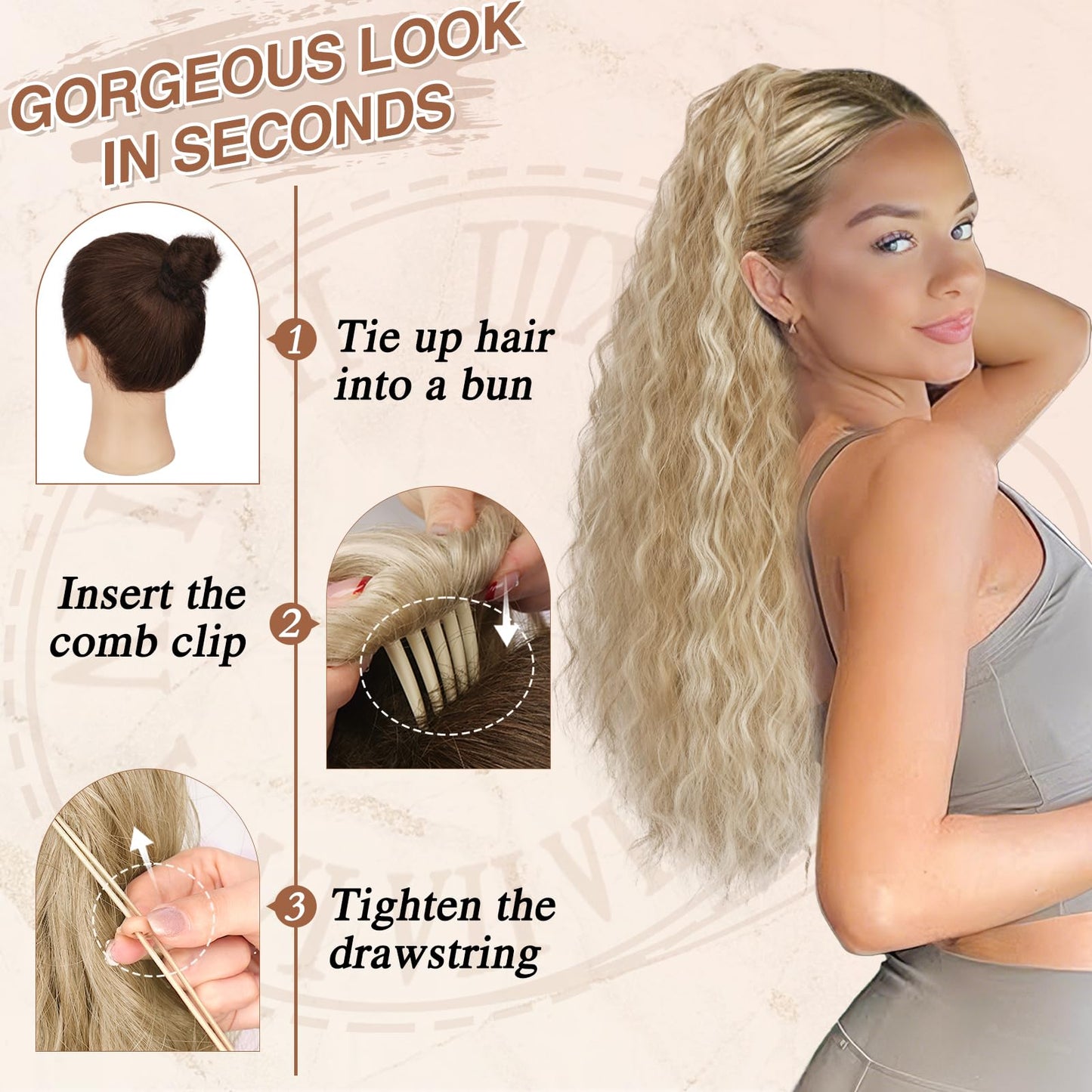 BARSDAR Curly Wavy Drawstring Highlight Ponytail Extension – 22 Inch Synthetic Comb Clip in Ponytail Hairpieces for Women, Voluminous Natural Looking Bohemian Ponytail - Brown with Highlights