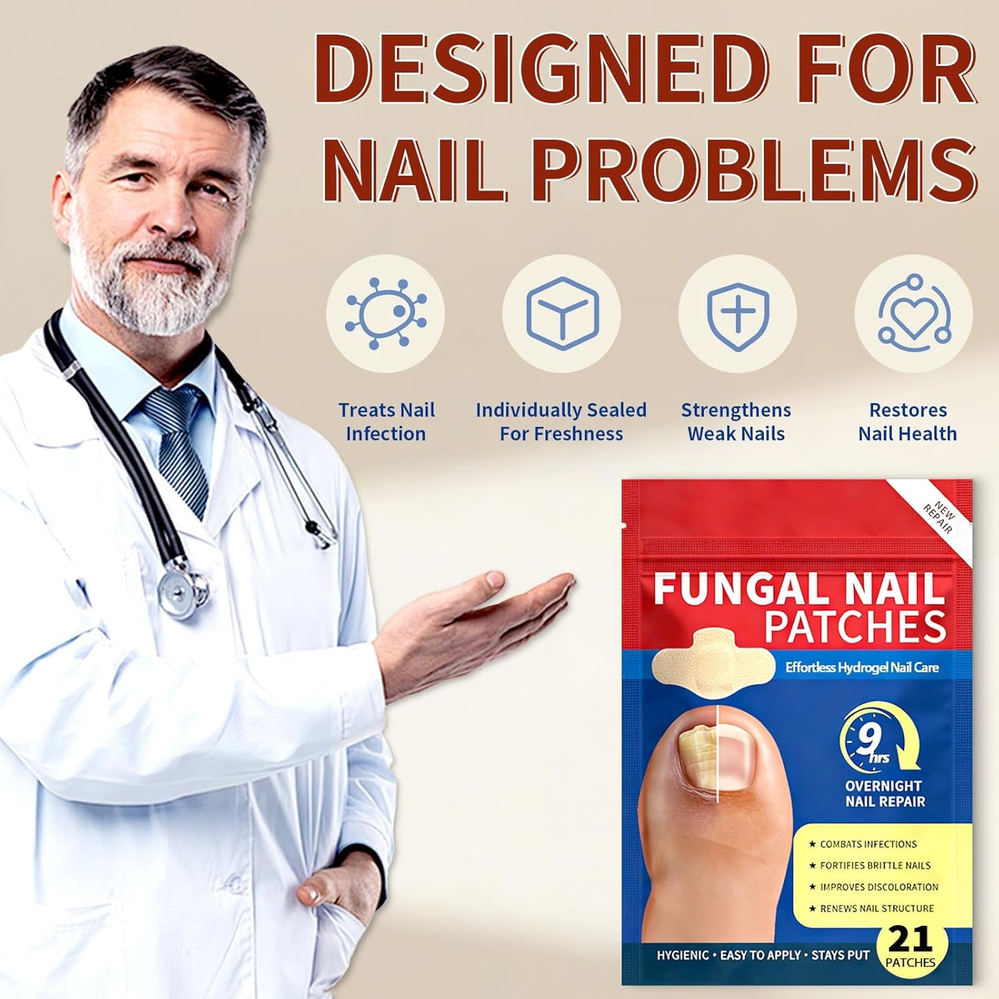 Fungal Nail Patches - 4 Pack Toenail Repair Patches for Discolored & Damaged Nails | 84 Count, 9-Hour Adhesion