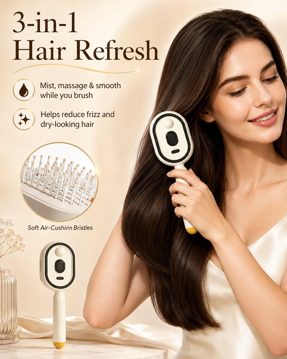 Electric Spray Massage Hair Brush 3 In 1 Self Cleaning Steaming Air Cushion Comb Mist Spraying Water Steam Handheld Hairbrush Steamer Liquid Misting Built Essential Oil Mister Wet Frizz