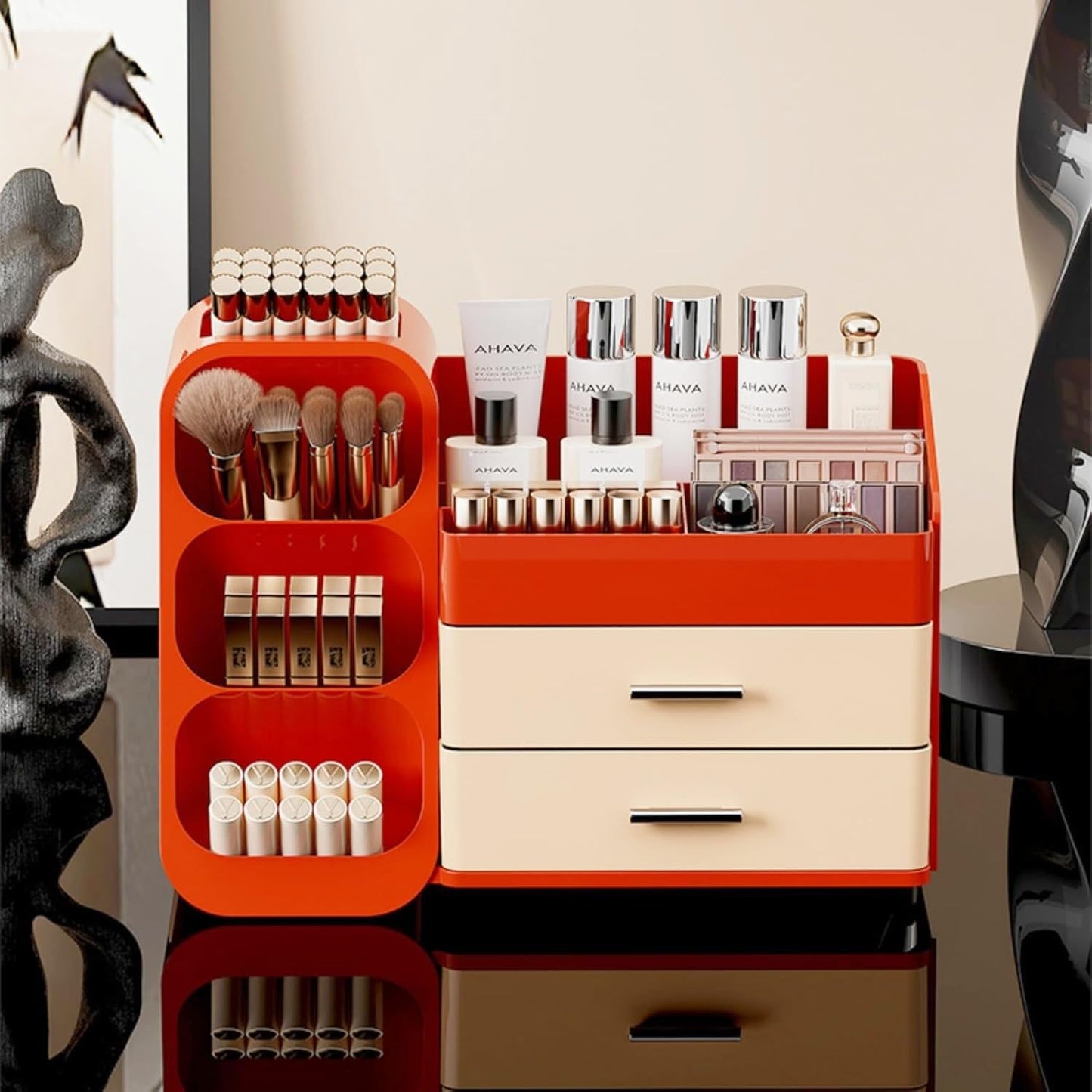 KQJS Makeup Organizer with Drawers,Large Capacity Countertop Organizer for Vanity,Bathroom and Bedroom Desk Cosmetics Organizer,Easy To Storage Skincare,Brushes,Lotions (Red and Cream)