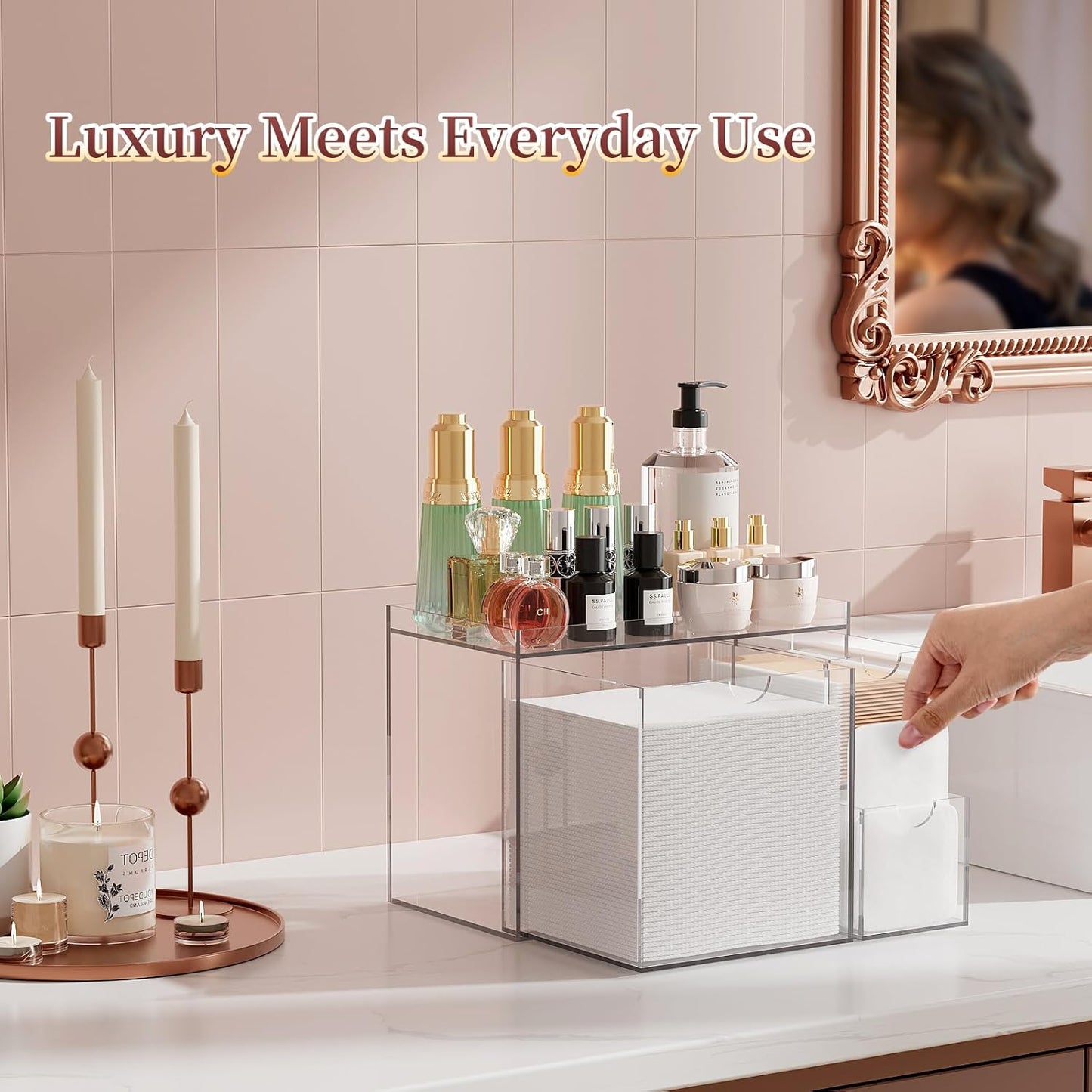 Clear Acrylic Face Towel Holder - 3 Drawer Organizer for XL Facial Towels, Cotton Pads & Skincare Tools | Bathroom Vanity Storage
