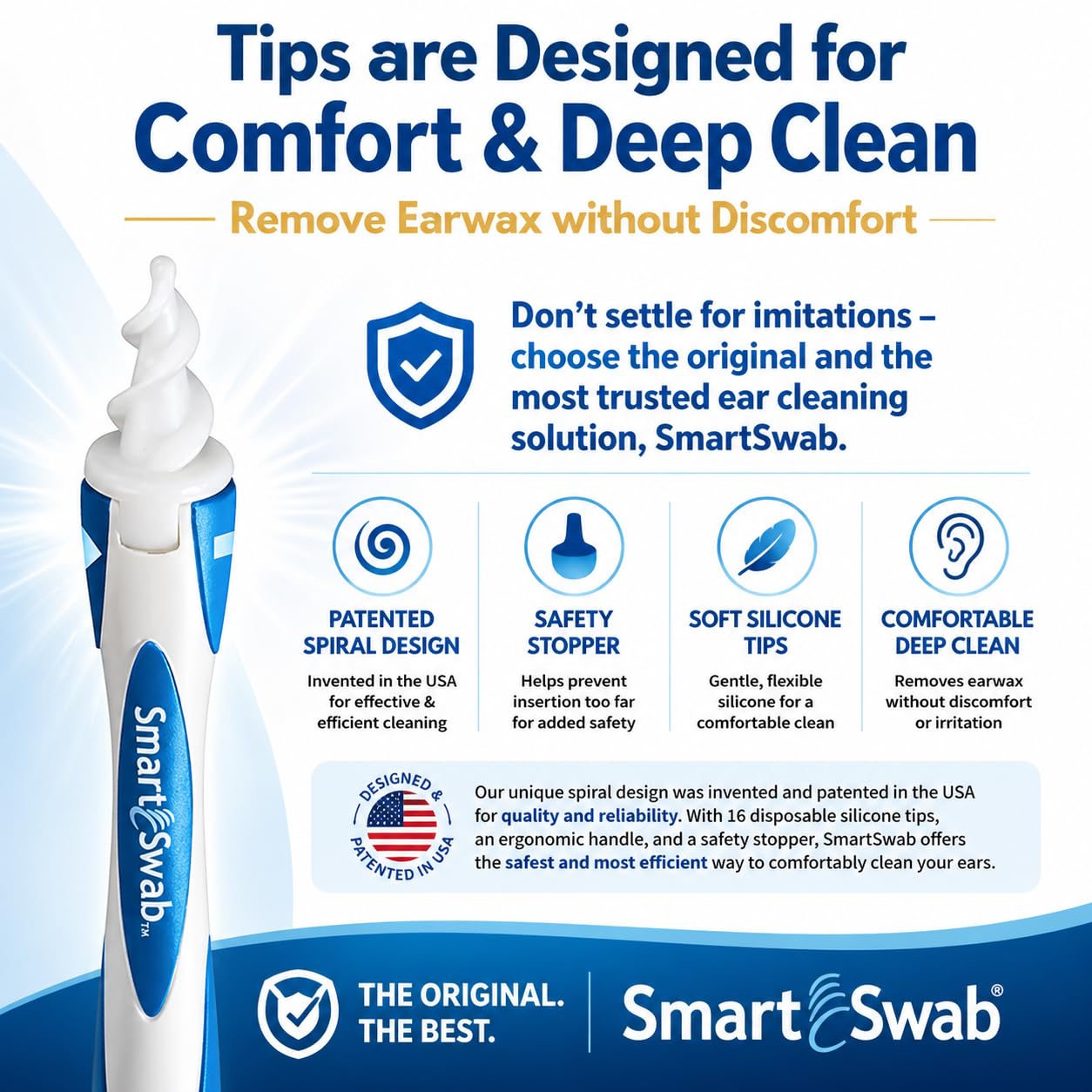 Smart Swab Spiral Ear Wax Removal Replacement Tips – 32 Soft Silicone Spiral Tips Only (No Handle) | Patented Safe Ear Cleaning Design | Easy, Gentle & Reusable Ear Cleaner Refills