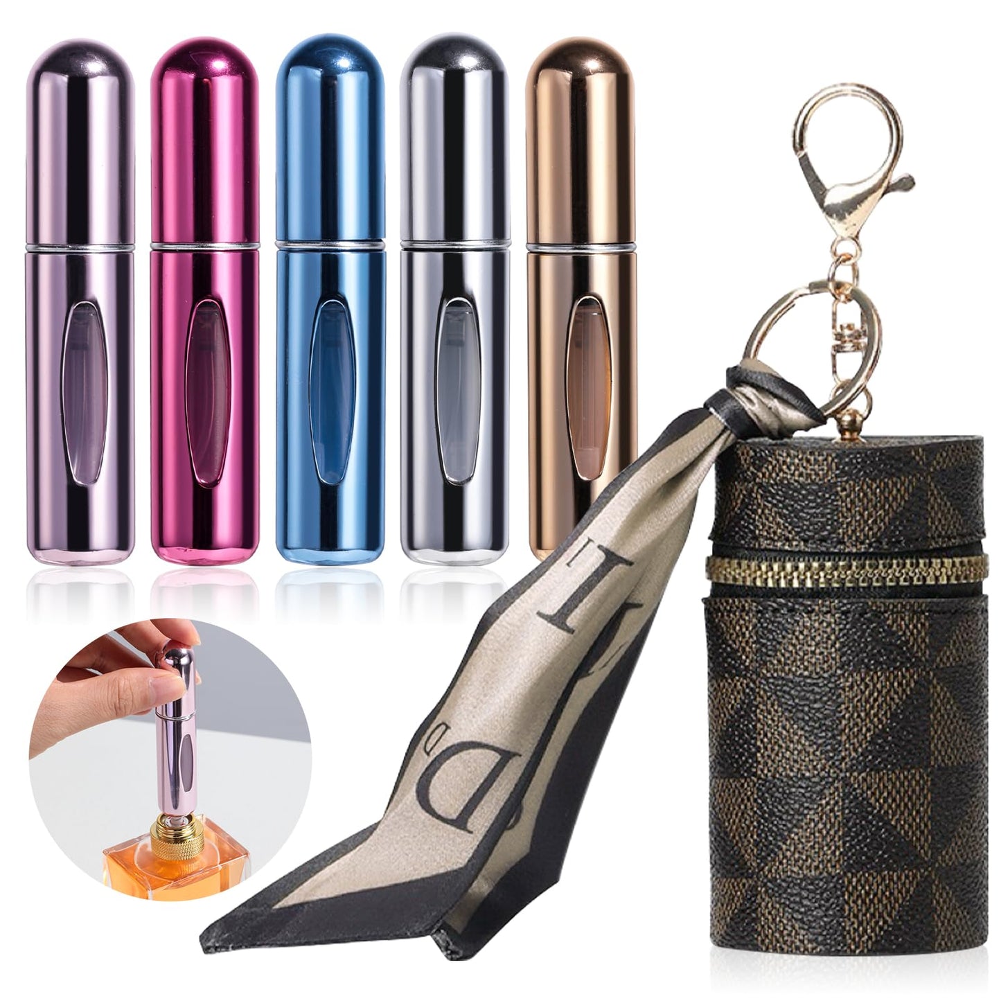 Yiesoum Portable Perfume Atomizer 5-Pack, Leak-Proof Refillable Travel Perfume Spray Bottles with Fine Mist & Funnel, TSA-Approved Mini Perfume Dispenser for Purse, Gym, Vacation (Includes Pouch)