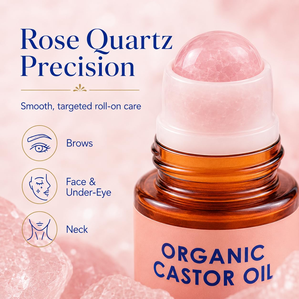 Organic Castor Oil Rose Quartz Roller Ball - Roll-On Castor Oil, 100% Pure Cold-Pressed for Hair, Face & Skin Moisturizing, Under Eye Care, Nail and Cuticle Care, Easy to Apply, 50 ml, 2 Pack