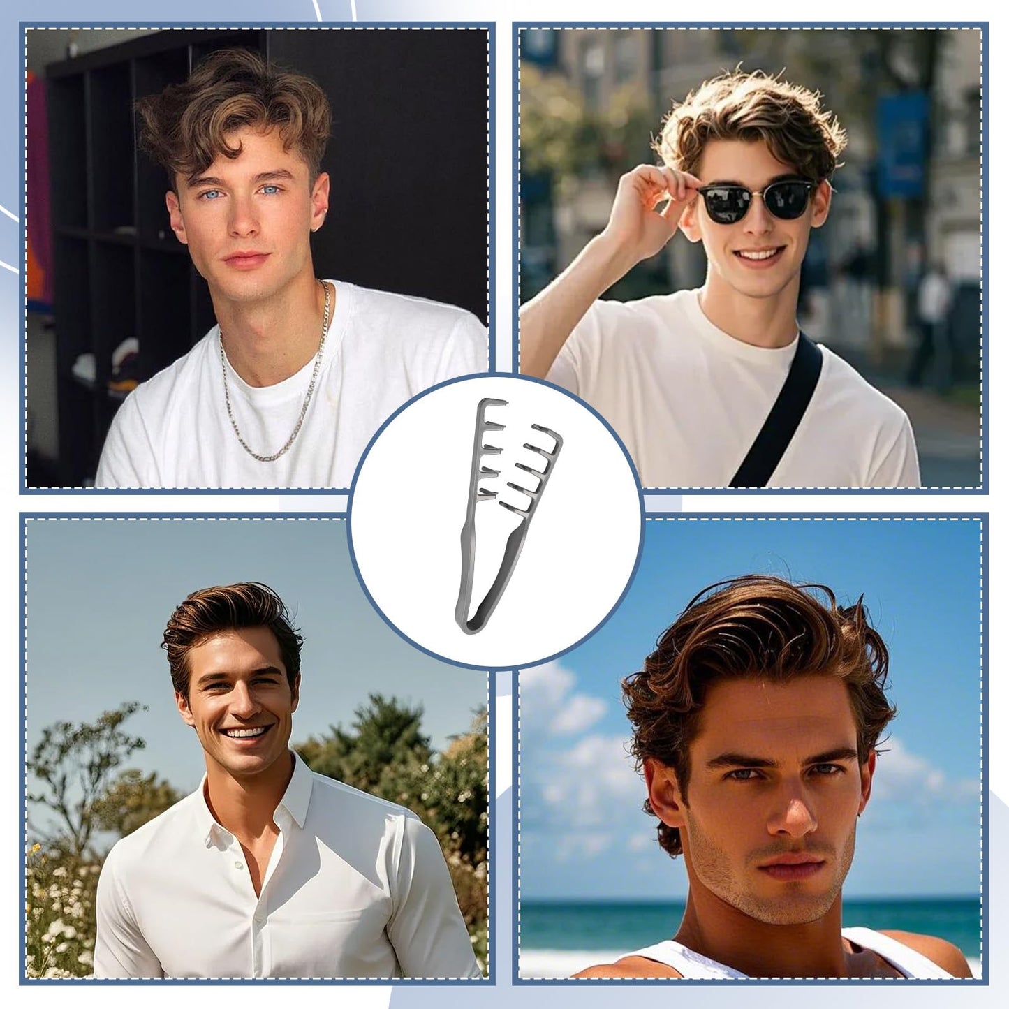 Voluminous Wide-Toothed Hair Comb Men's Fluffy Texture, ABS Plastic with Textured Grip, Grey