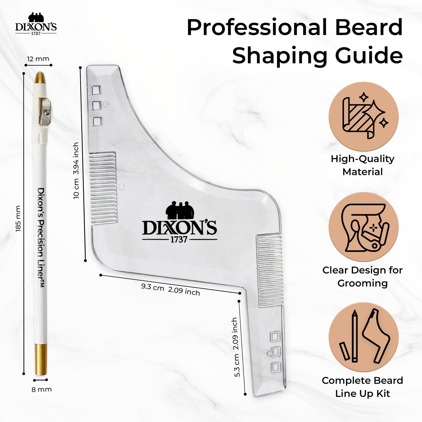 Dixon's 1737 Clear Line Pro Beard Shaper Tool for Men with Precision Liner Pencil, Transparent Beard Line Up Guide Template with Comb Edges Neckline and Cheek Line Trimming