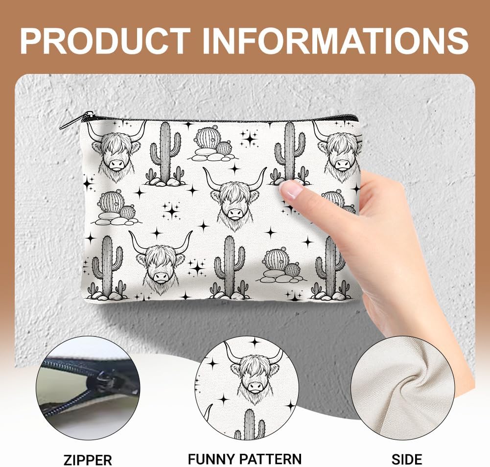 Canvas Western Cowboy Makeup Bag Set - 4Pcs Cactus Cow Design | Portable Travel Organizer, Large Capacity Toiletry Pouches 9.06” x 5.9”