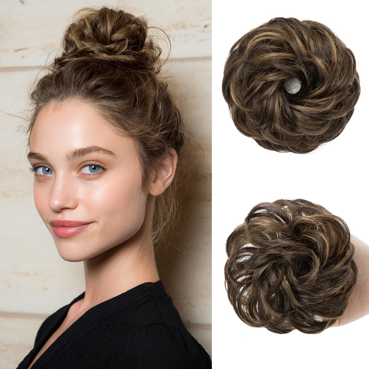 Small Messy Bun Hair Pieces for Women - Synthetic Curly Mini Scrunchies | 2PCs, Dirty Blonde