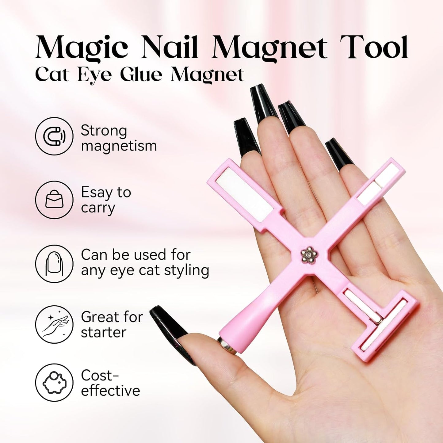 MIZHSE 5-in-1 Nail Magnet Tool - Multifunctional Cat Eye Magnet for Stunning Nail Art | Pink Design