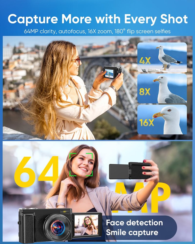 4K Digital Camera for Photography, 2026 Latest WiFi 64MP Vlogging Camera for YouTube with 180° flip Screen, Autofocus Anti-Shake, 16X Zoom, Compact Travel Camera, 32GB Card, 2 Batteries, Black