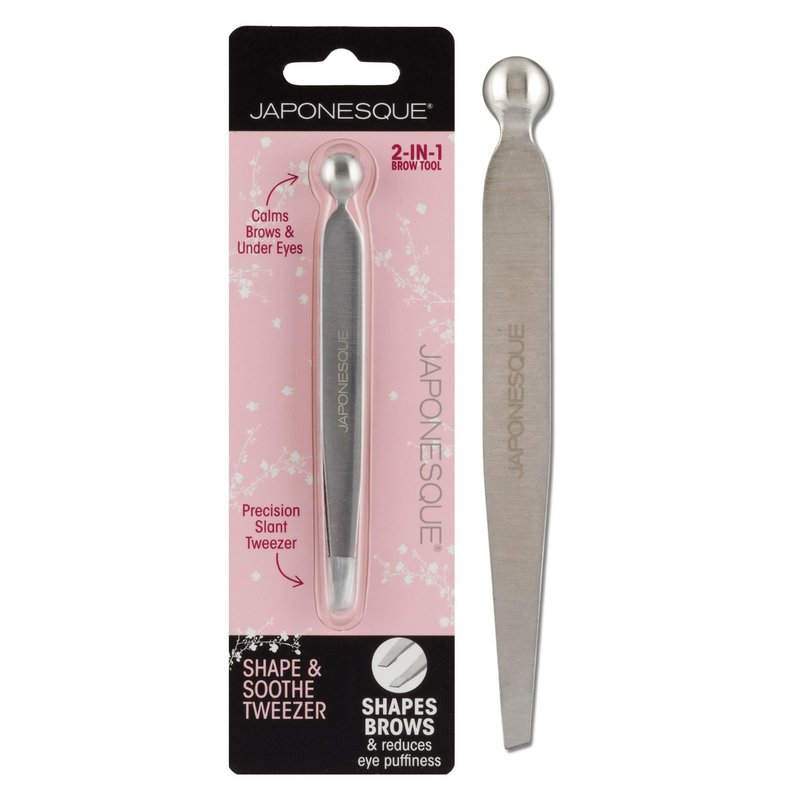 JAPONESQUE Shape & Soothe Tweezer, 2-in-1 Tool, Slant Tweezer for Shaping & Defining Brows & Eye Soother for Reducing Puffiness