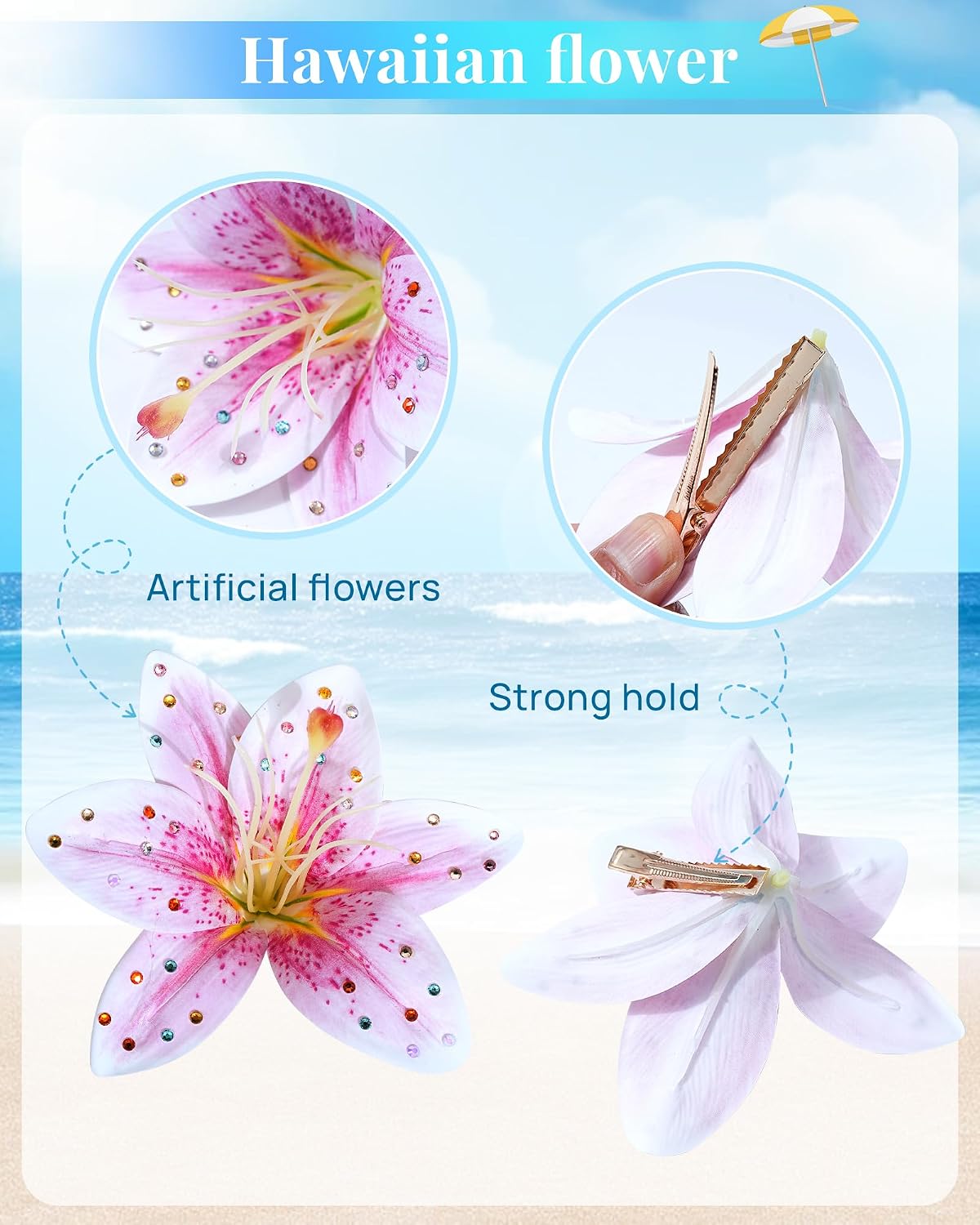 Hawaiian Flower Hair Clips - 3 Pack Tropical Orchid Hair Pins | Rhinestone Wedding Accessories (Pink Lily)