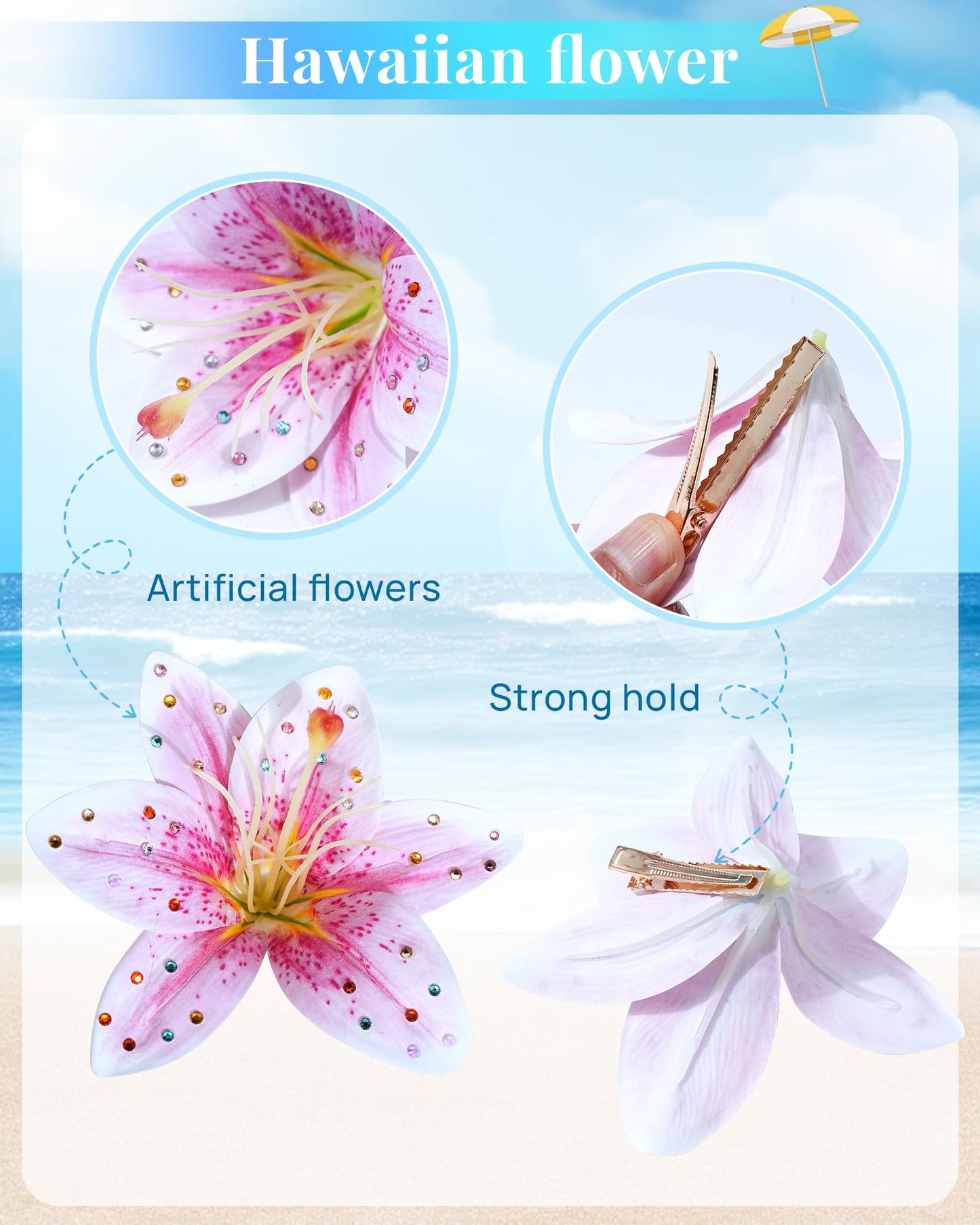 Mesovor 3 Pack Hawaiian Flower Hair Clips, Artificial Tropical Flower Orchid Hair Pin | Rhinestone Hairpins Hair Accessories for Wedding Bridal Beach Party (Pink Lily)