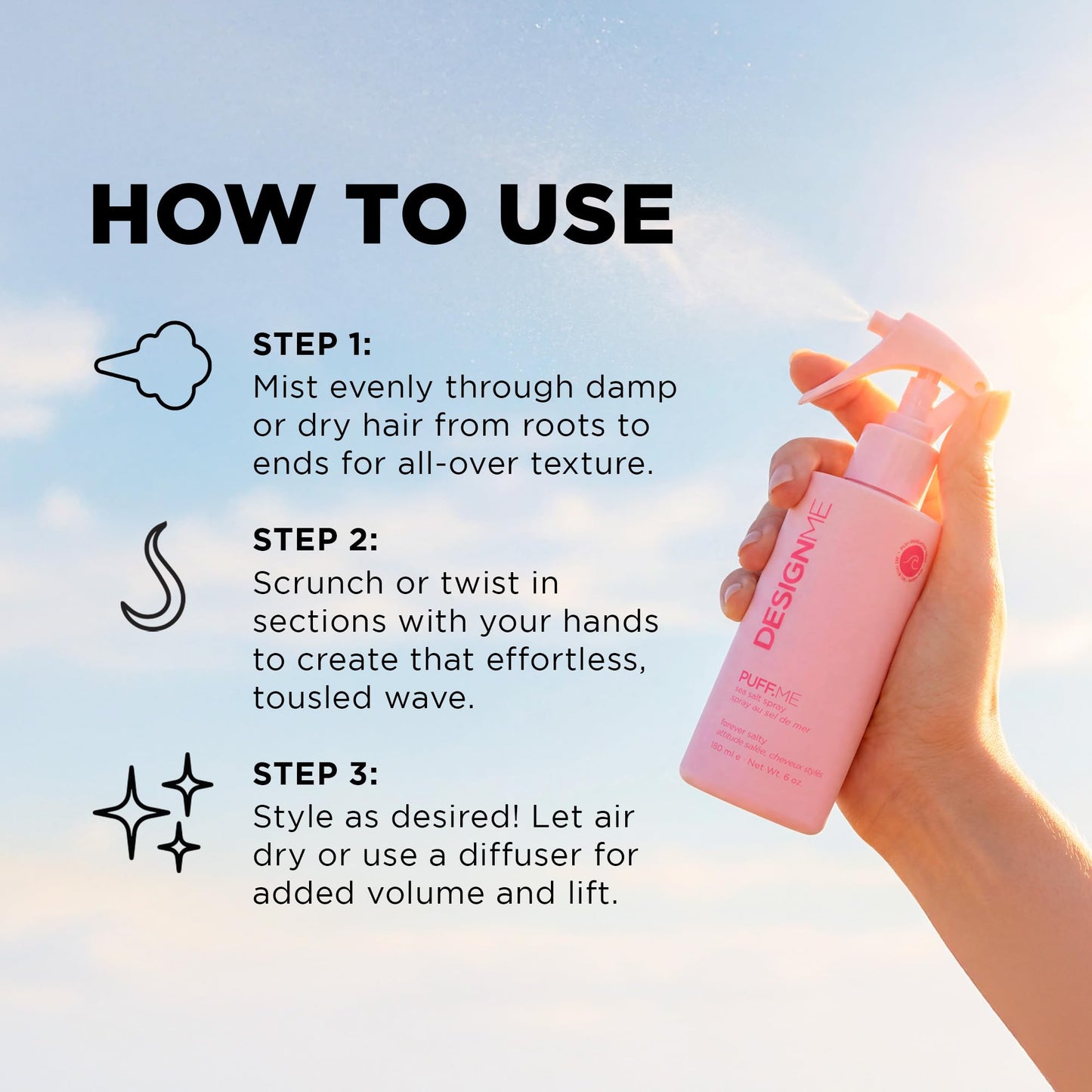 DESIGNME PUFF.ME Sea Salt Spray | Sea Salt Texture Spray for Beach Waves, Volume & Tousled Texture | Soft Hold, Lightweight Hydration & Non-Drying Sea Salt Hair Spray for Women