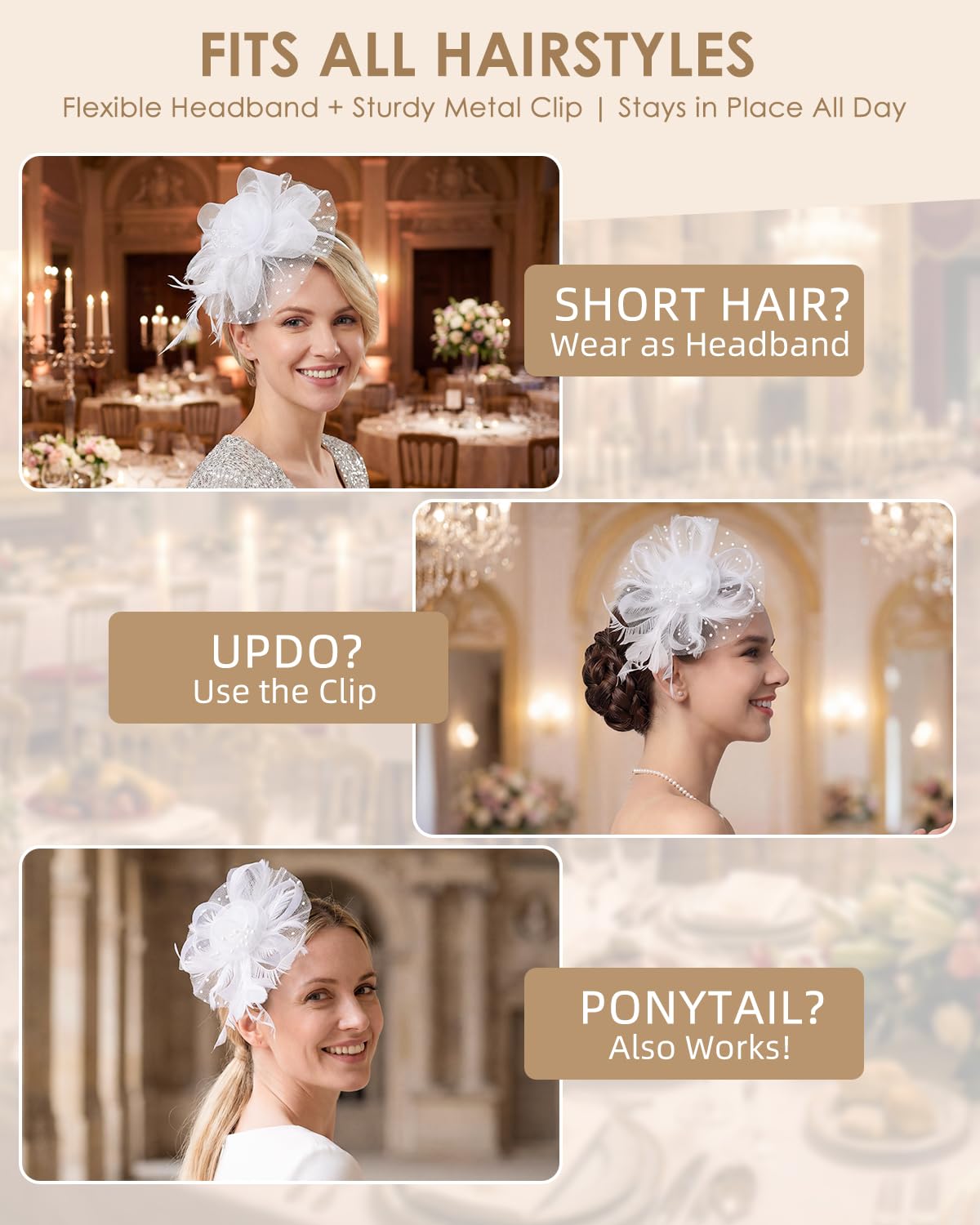 Century Star White Fascinator Kentucky-Derby 2026 Elegant Feather Headband for Women-Tea Party Wedding Hair Clip with Mesh