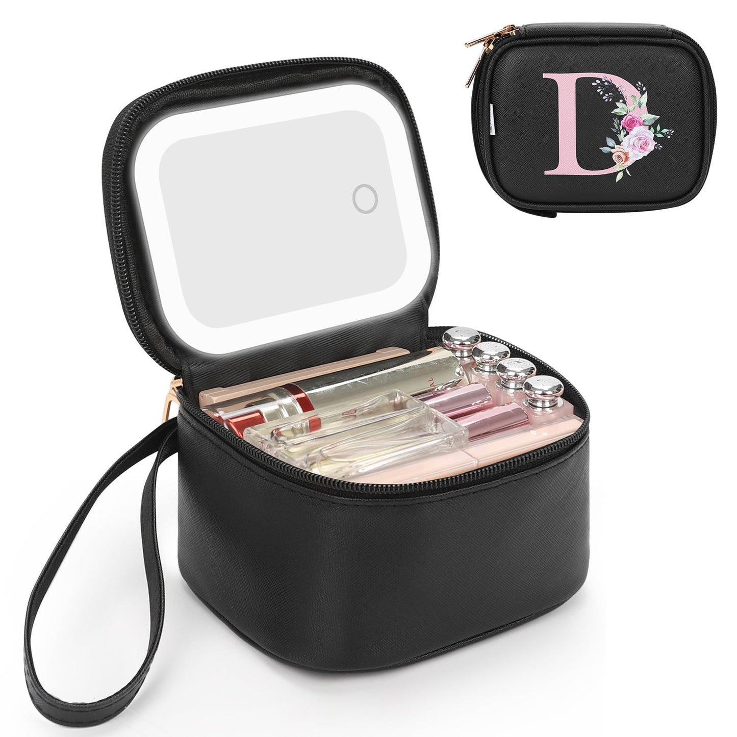 Relavel Initial Makeup Bag with Led Mirror, Mini Make Up Bag for Women Girls, Personalized Cosmetic Bag with Adjustable Brightness, Rechargeable Pink Make Up Bags Pouch for Birthday Gift - Black D