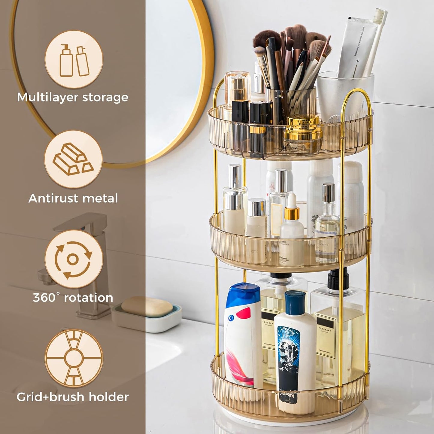 360° Rotating Makeup Organizer - Upgraded 3-Tier Skincare & Perfume Storage | Clear Dresser Organizer with Brush Holder (Amber)