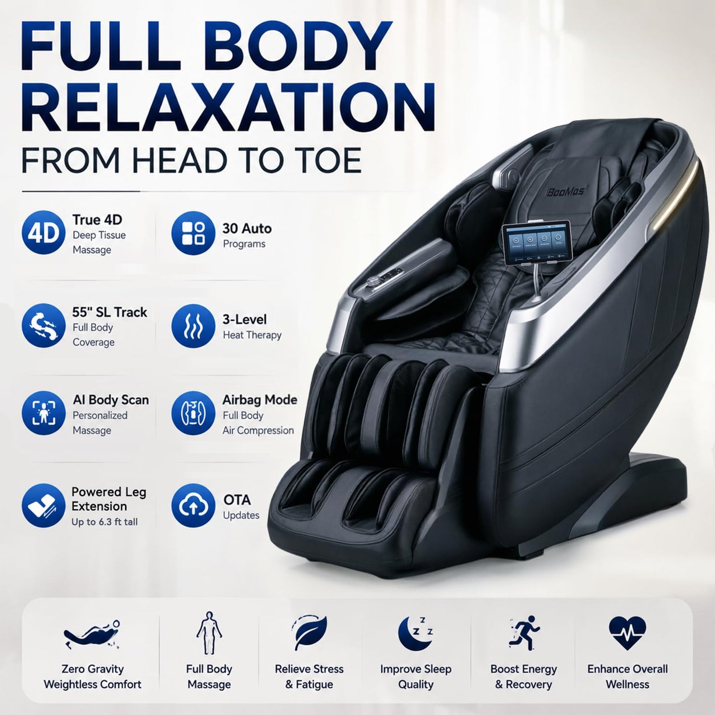 iBooMas True 4D Massage Chair, Deep Tissue Full Body Massage Chair with Adjustable 4D Pressure, AI Body Scan, 55" SL Track, Zero Gravity Recliner, Powered Leg Extension, 3-Level Heat, Black