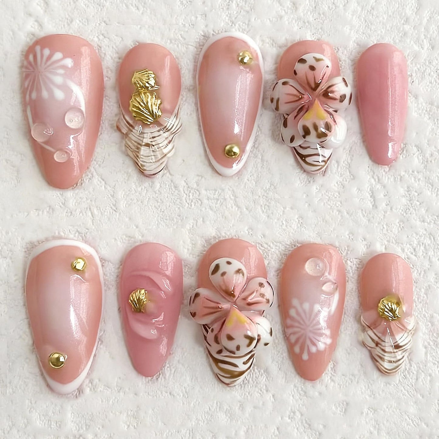 Almond Press On Nails - 30Pcs Medium Fake Nails with 3D Floral Art | Red French Gradient Acrylic for Women