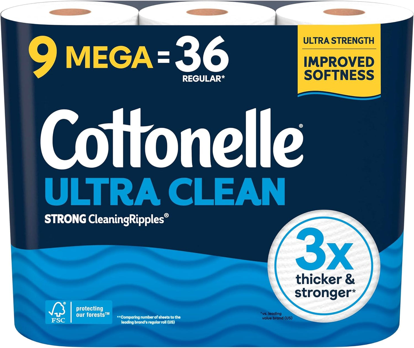 Cottonelle Ultra Clean Toilet Paper - Active Cleaning Ripples Texture, 24 Mega Rolls | Strong Bath Tissue
