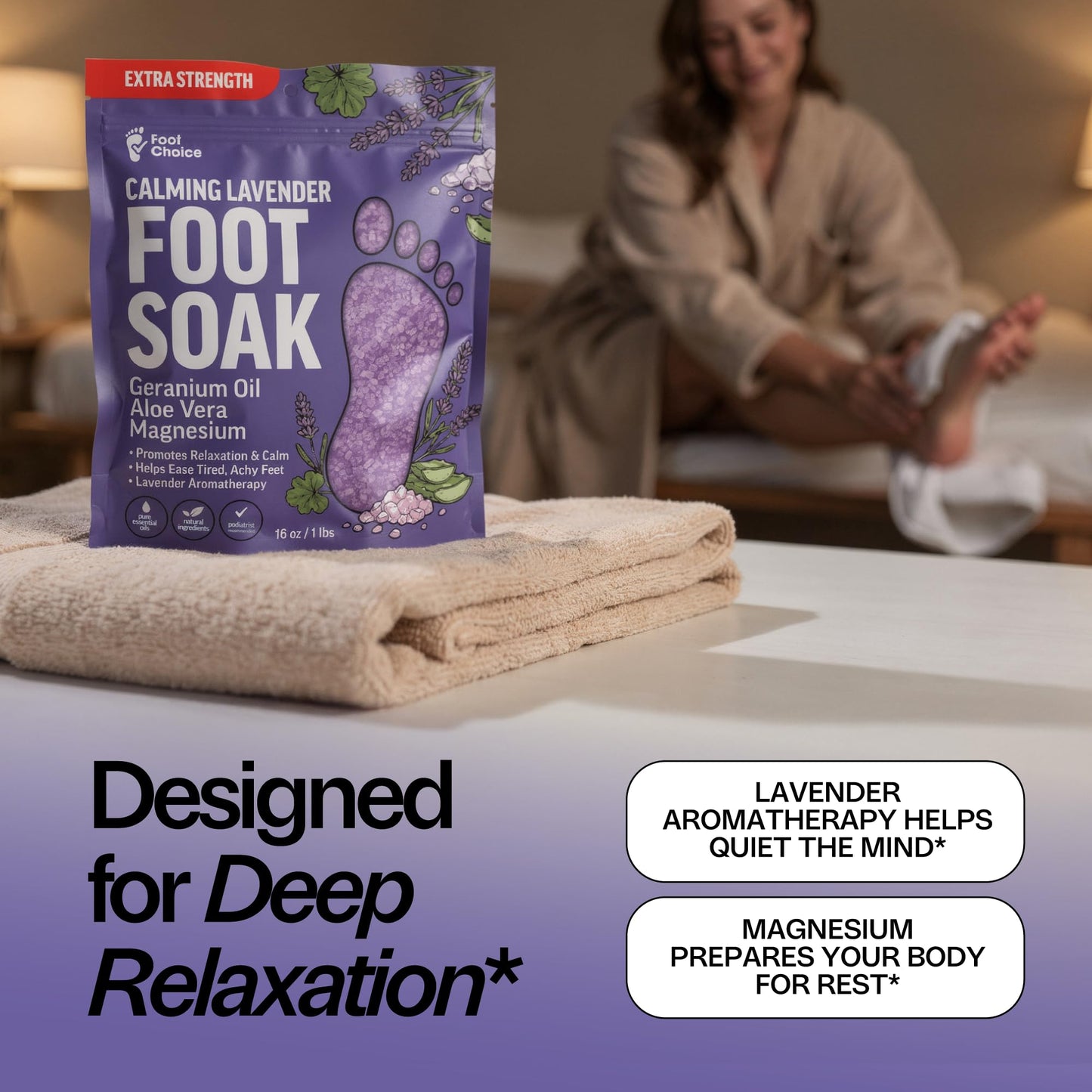 Foot Choice Lavender Foot Soak with Epsom Salt - Calming Aromatherapy for Relaxation & Better Sleep - Soothes Tired, Achy Feet & Softens Skin - Made in USA, 1lb