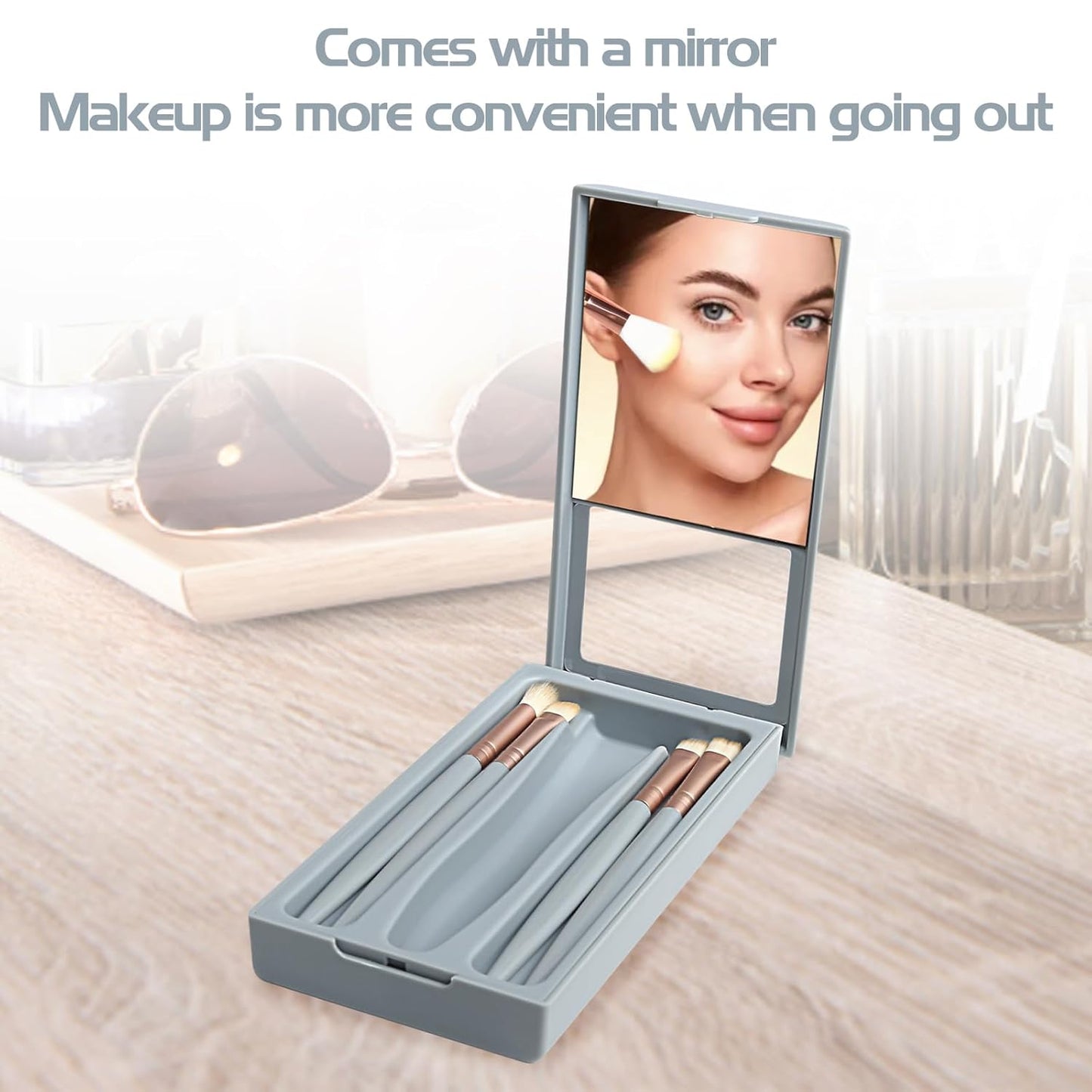 Travel Makeup Brush Set - Portable 5 PCS Mini Brushes with Mirror | Essential Cosmetic Tools for Eyeshadow & Contour (Blue)