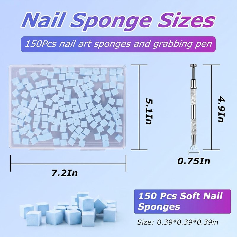 Soft Nail Sponges - 150PCS Reusable Nail Art Sponges with Grabbing Pen & Brush | Blue