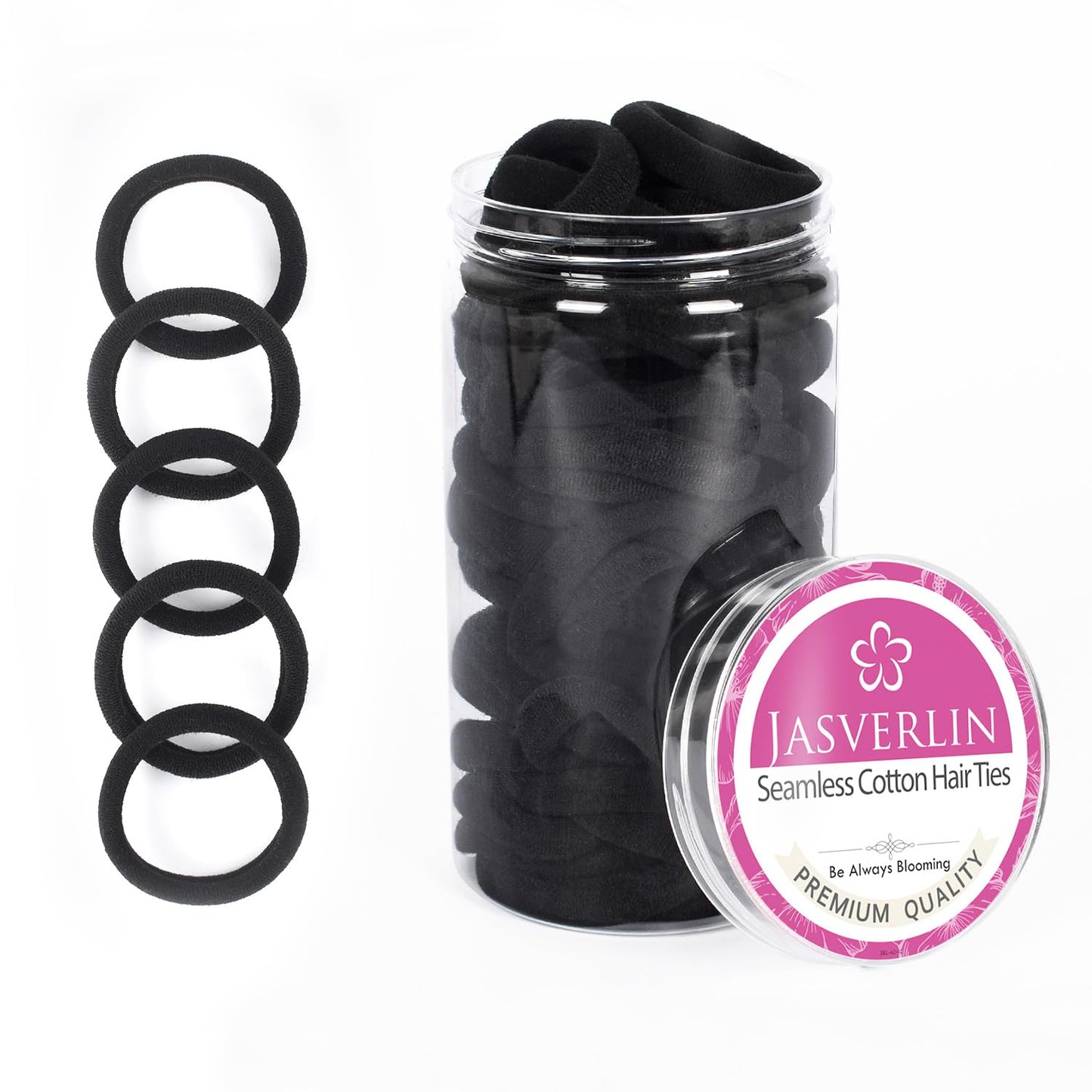 JASVERLIN Seamless Cotton Hair Ties - 100 Pcs Thick No-Damage Ponytail Holders | 1.5 Inch, 5 Colors