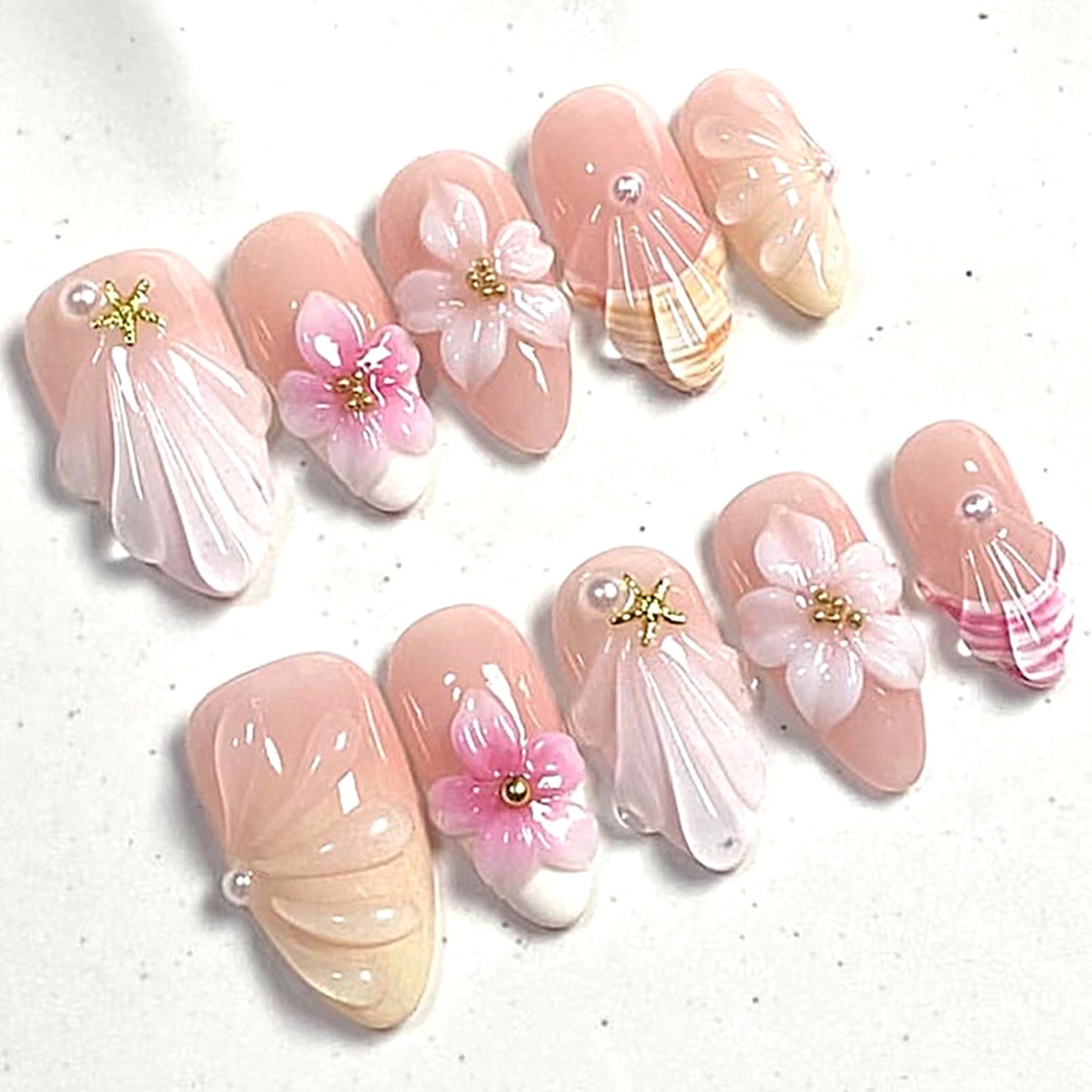 Press-On Nails - 24Pcs Medium Almond Fake Nails with Lotus & Lucky Koi Design | Glossy Full Cover for Spring/Summer DIY Manicure