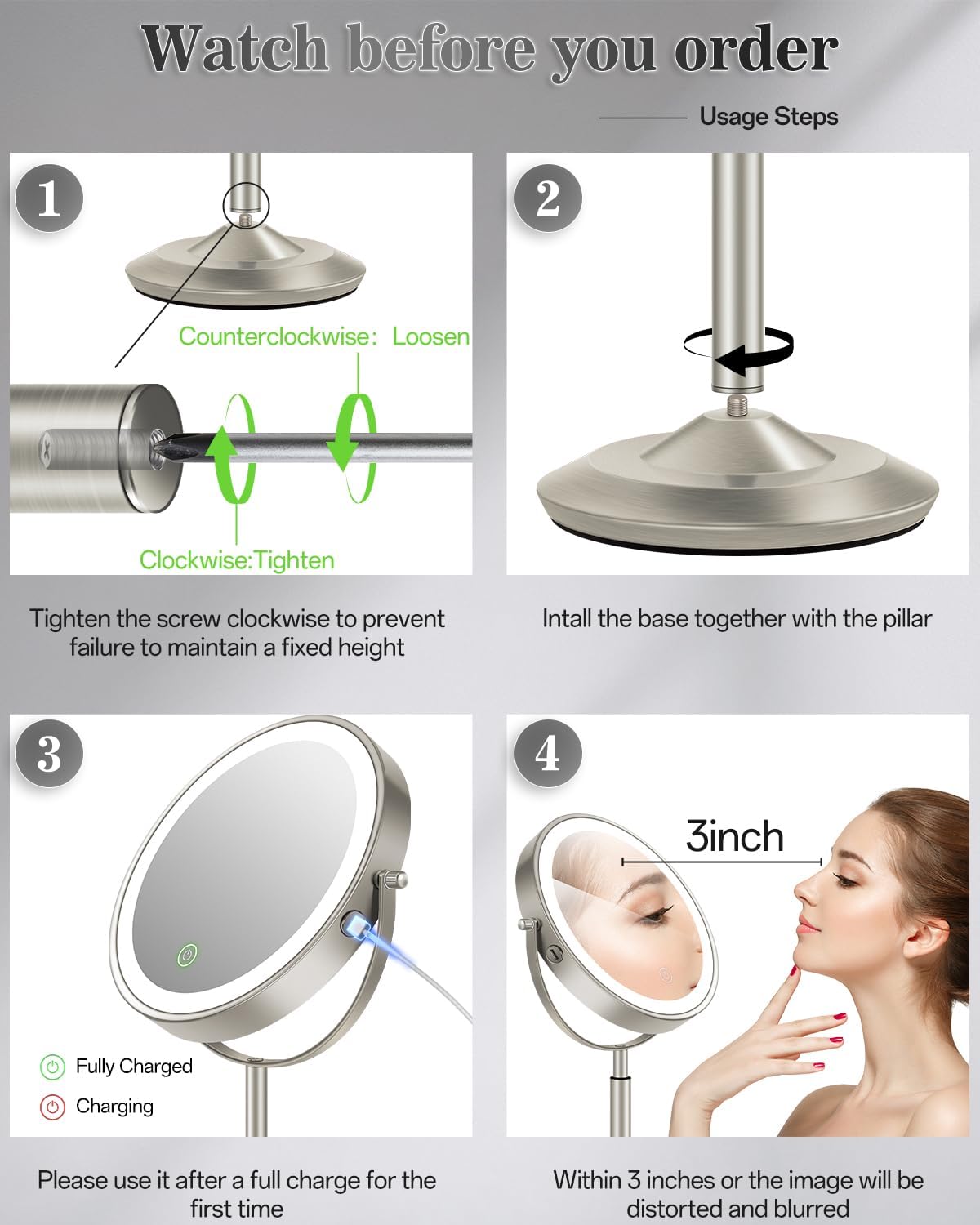 Makeup Mirror with Lights - 1X/30X Adjustable Magnifying Vanity Mirror | Rechargeable, Double-Sided, 3 LED Brightness Options