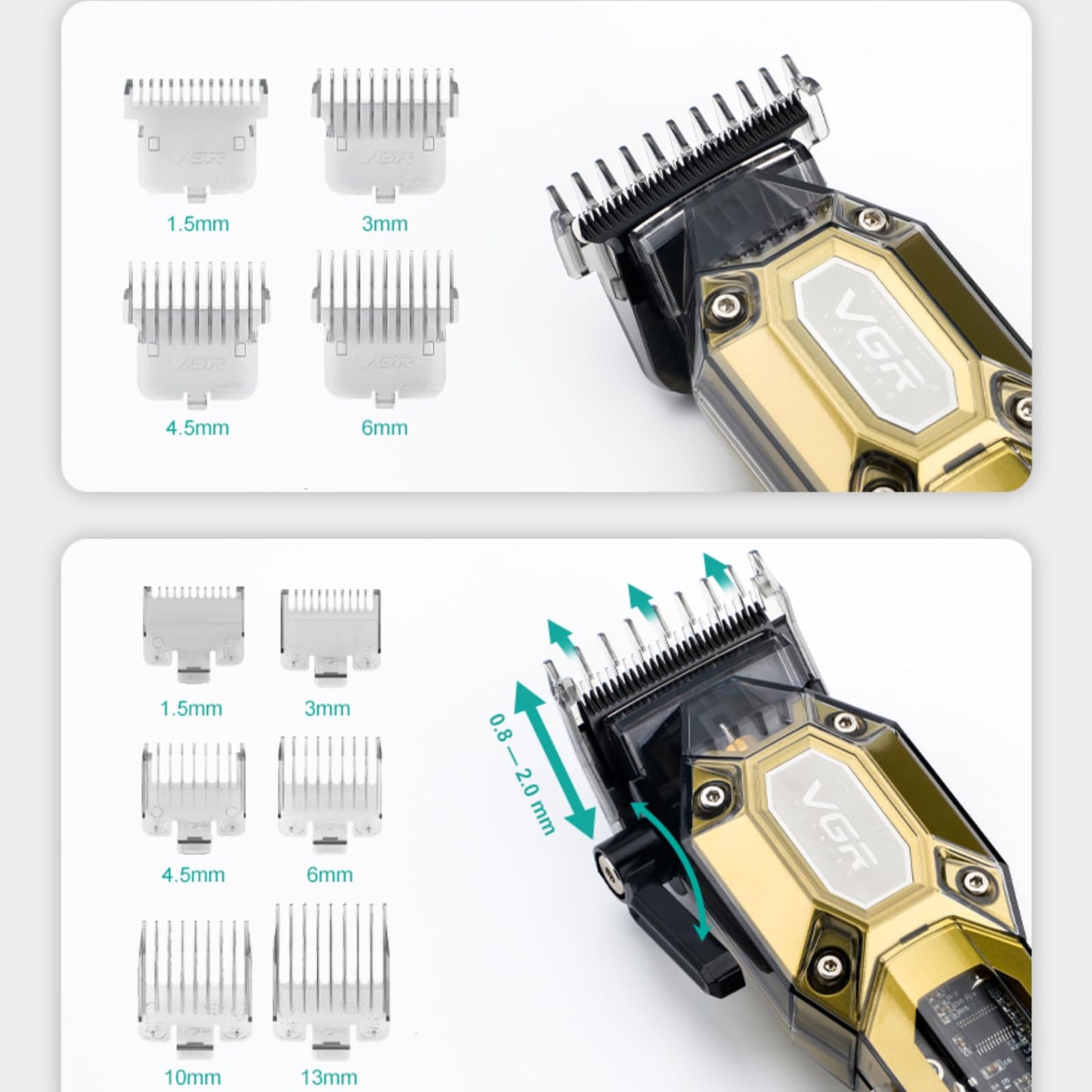 VGR Professional Hair Clippers for Men, Cordless Barber Clippers and Trimmers Set, Mens Hair Cutting Kit with 10 Guide Combs, USB Rechargeable Haircut Machine for Family, LED Display, Gold