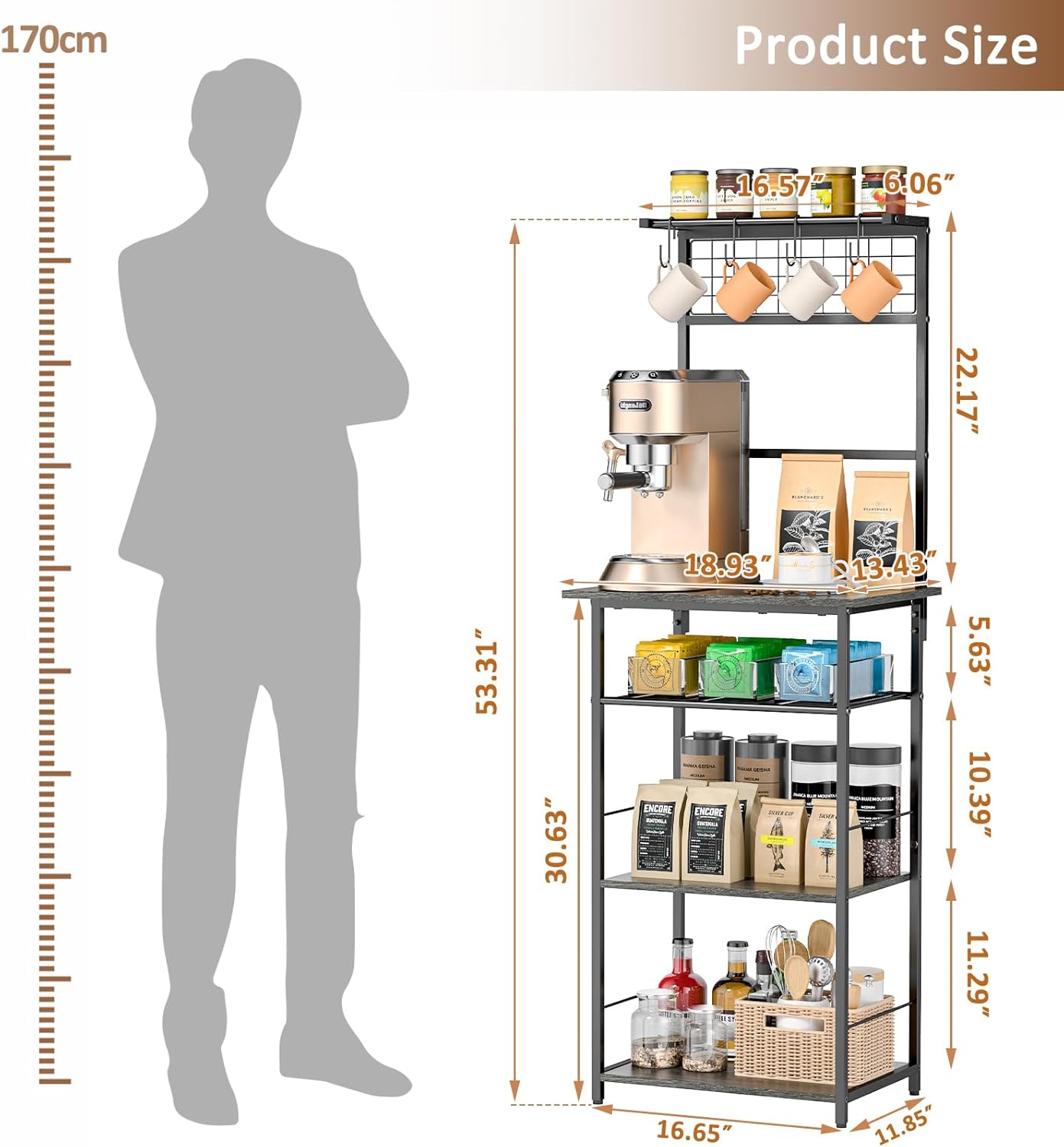 5 Tier Coffee Bar Station - Farmhouse Kitchen Stand with 4 S-Shaped Hooks | Compact Gray 13.43"D x 18.93"W x 53.31"H
