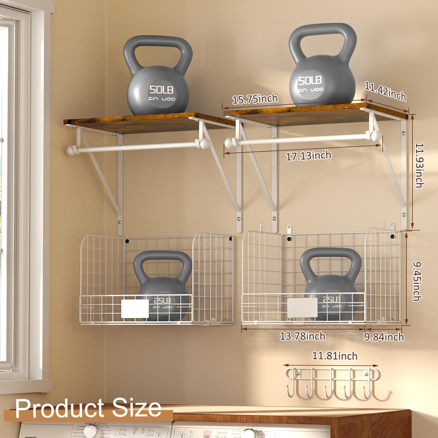 DAOUTIME 2 Set Laundry Room Wall Mounted Shelves With Wire Storage Baskets, Over Washer and Dryer With Hanging Rods and Hooks, for Organization and Storage, White, Wooden