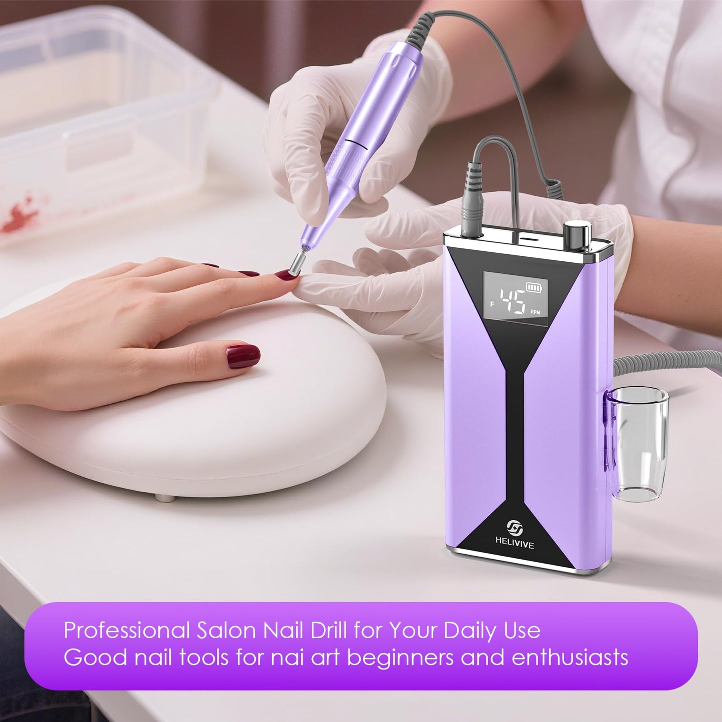 HELIVIVE Professional Electric Nail Drill 45000RPM (Portable & Rechargeable) (with 11 Drill Bits ) Cordless Nail File Machine for Shaping, Polishing & Removing Gel Nails for Salon Home(Purple)
