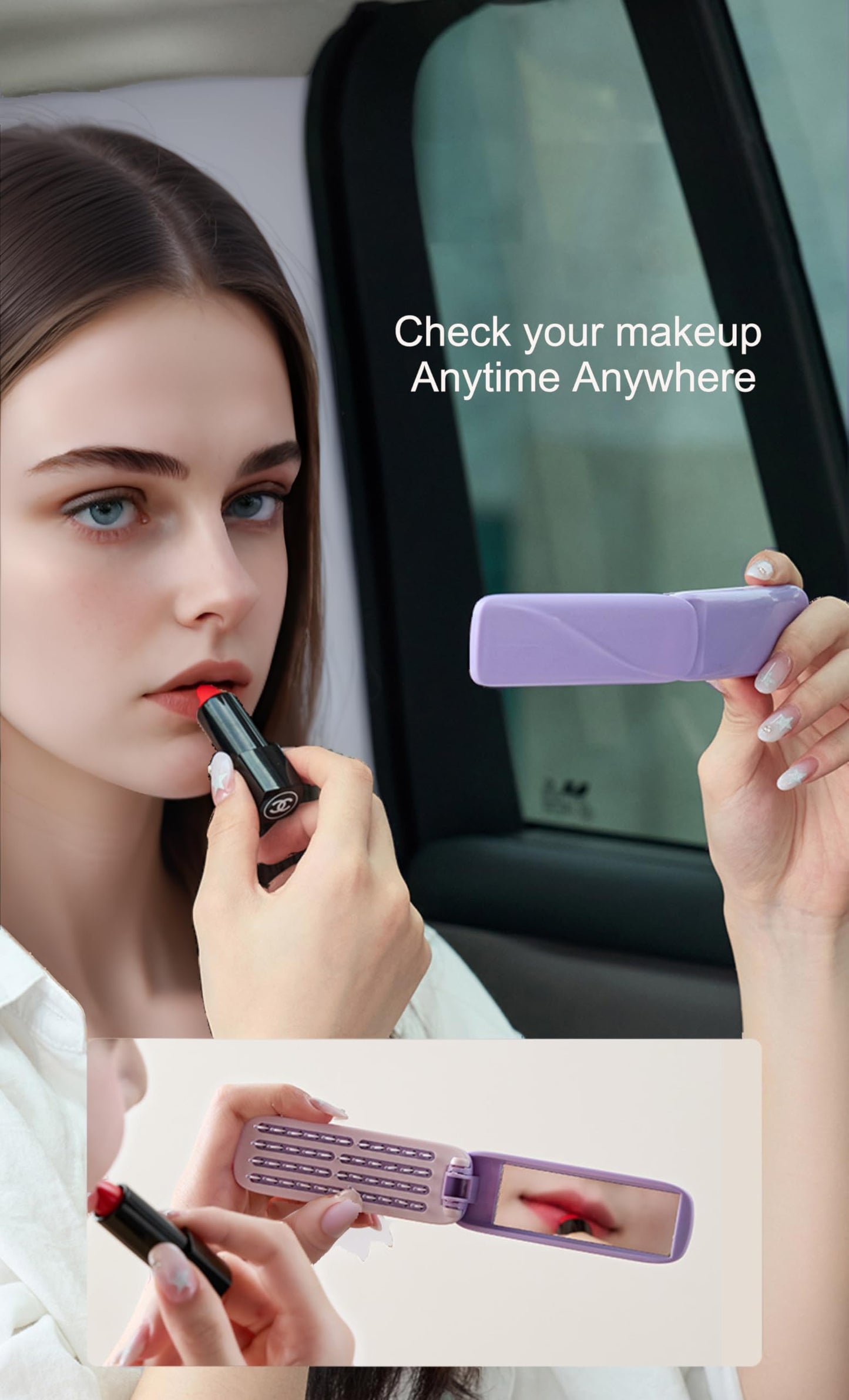 Folding Hair Brush with Mirror, Self Cleaning Hairbrush, Mini Compact Hair Brush for Purse, Small Pocket Travel Brush for Women and Girls