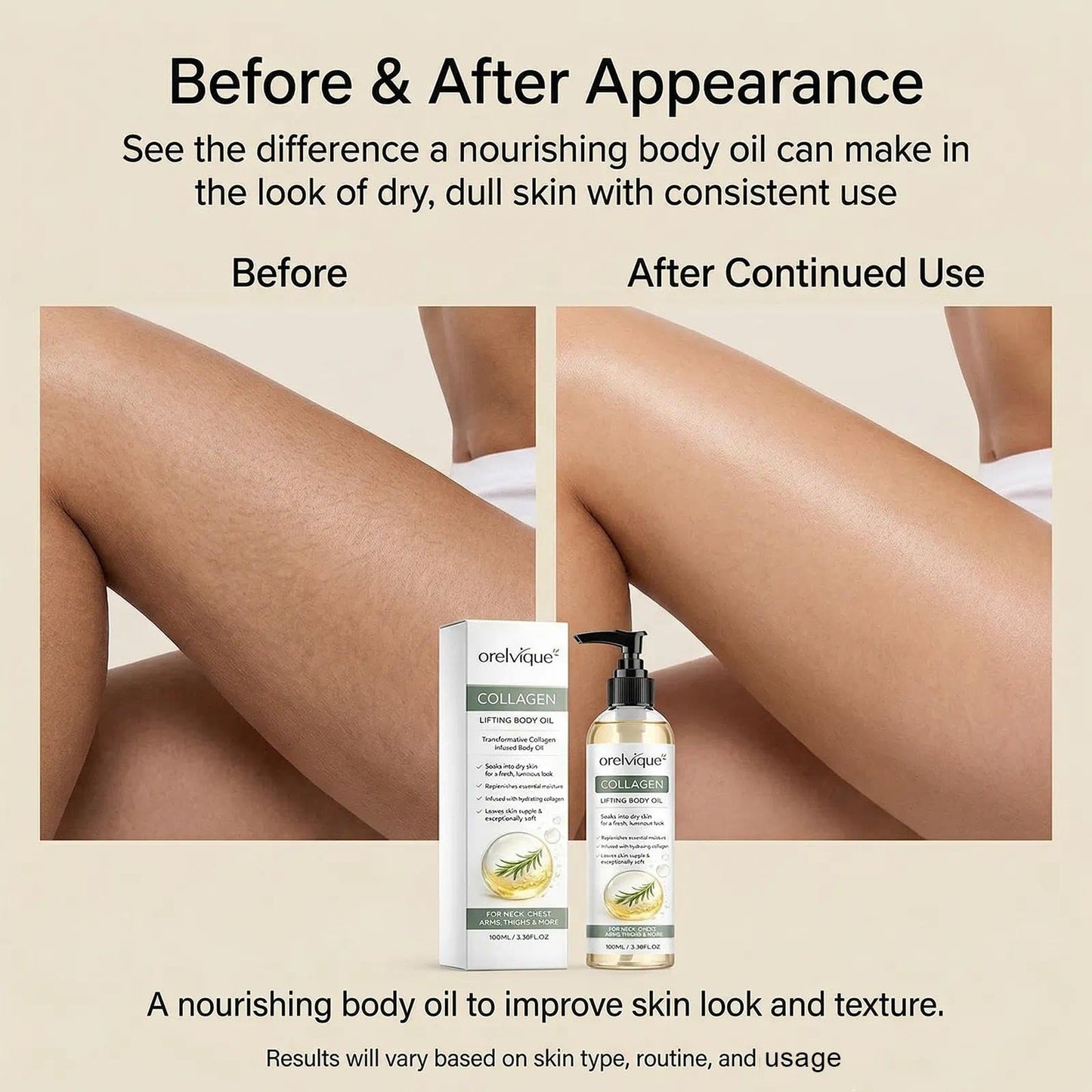 Relify Orelvique Collagen Oil for Skin Tightening, Firming Moisturizing Oil for Arms, Legs, Neck & Face, Fast-Absorbing Non-Greasy Formula with Marine Collagen, Jojoba, Shea Butter, Aloe Vera (1pc)