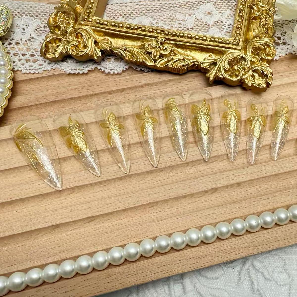 Gold Press-On Nails - 24Pcs Almond Glitter Nude Acrylic Set | Reusable Full Cover for Weddings & Daily Use