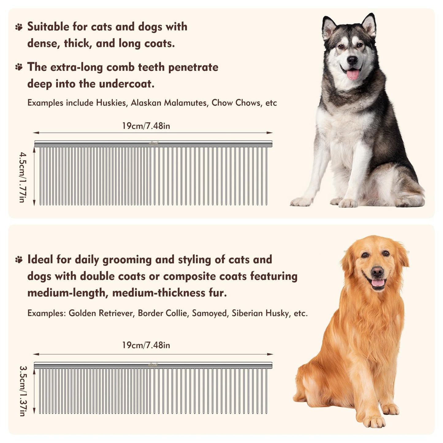 WRW Stainless Steel Dog Combs [4 Pcs], Groom Like a Professional, Coarse Pet Butter Comb for Dog ＆ Cat, Rounded Corners Prevent Friction and Breakage, 4 Sizes of Steel Teeth Fit Most Pet Fur