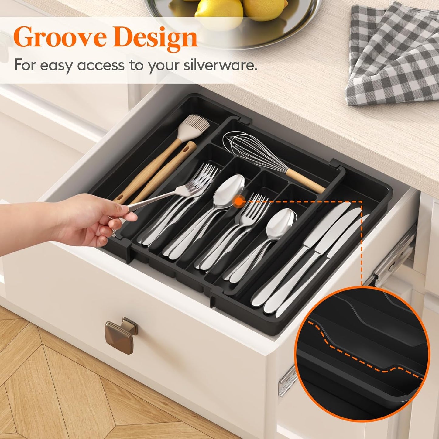 Expandable Silverware Organizer - BPA-Free Plastic Utensil Tray for Kitchen Drawer | Space-Saving Cutlery Holder, Black, 8.5-14 x 12 x 1.5 Inch